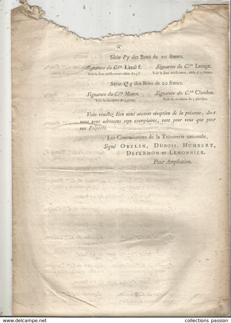 JC , Trésorerie Nationale, AN 7, 1798, Liste Des Signatures Des Bons Au Porteur De 20 Et 25 Francs , Frais Fr 1.95 E - Gesetze & Erlasse