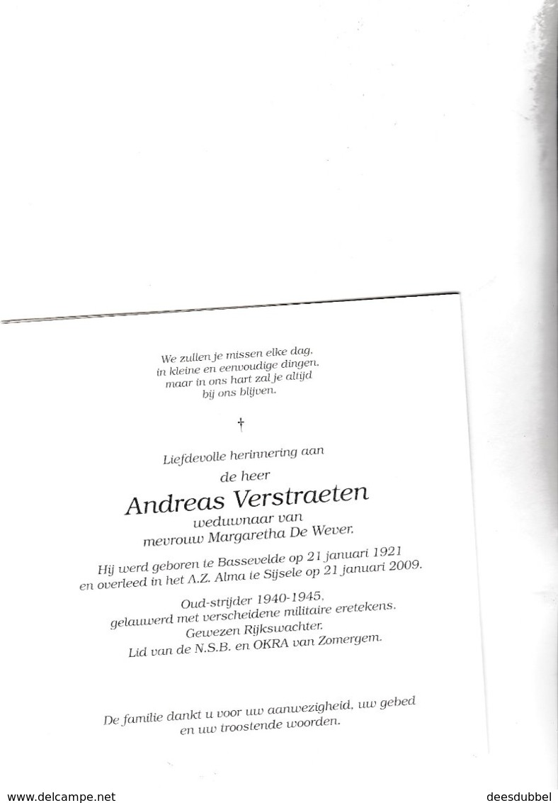 RIJKSWACHTER A2.VERSTRAETEN °BASSEVELDE 1921 +SIJSELE 2009 (M.DE WEVER) - Images Religieuses