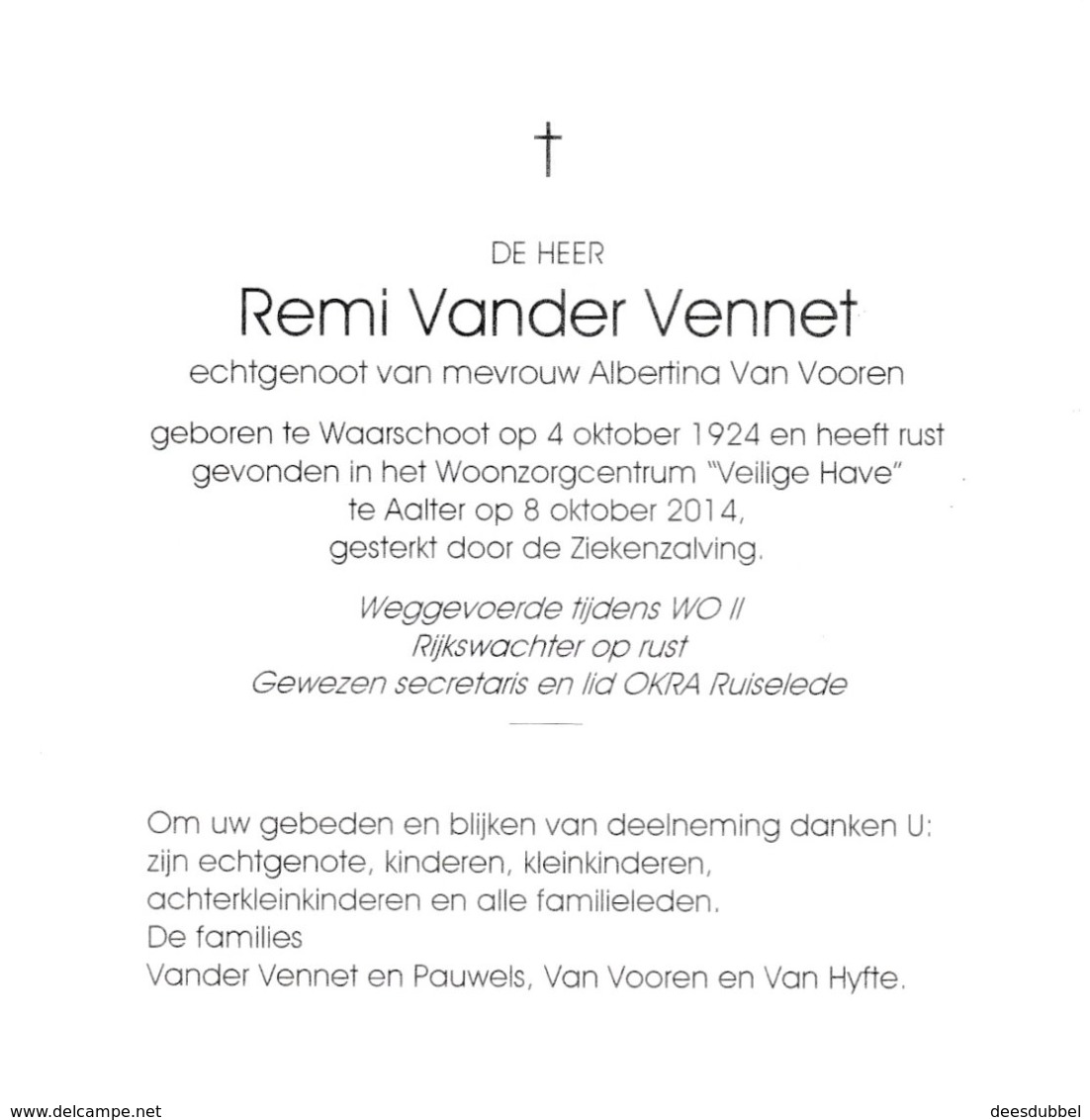 RIJKSWACHTER R.VANDER VENNET °WAARSCHOOT 1924 +AALTER 2014 (A.VAN VOOREN) - Images Religieuses