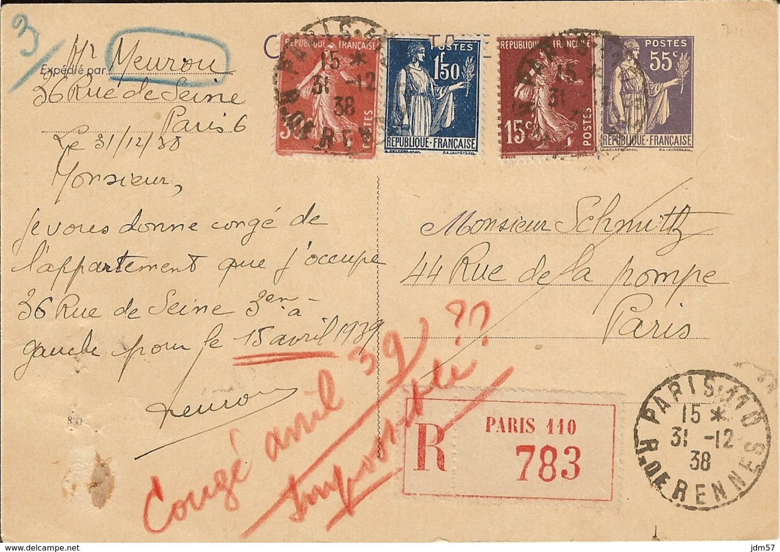 Carte Postale Recommandée De Paris 110 Pour Paris. Affranchie Au Tarif De La Lettre Rec. 2Frs50 - 31/12/1938 - 1921-1960: Période Moderne