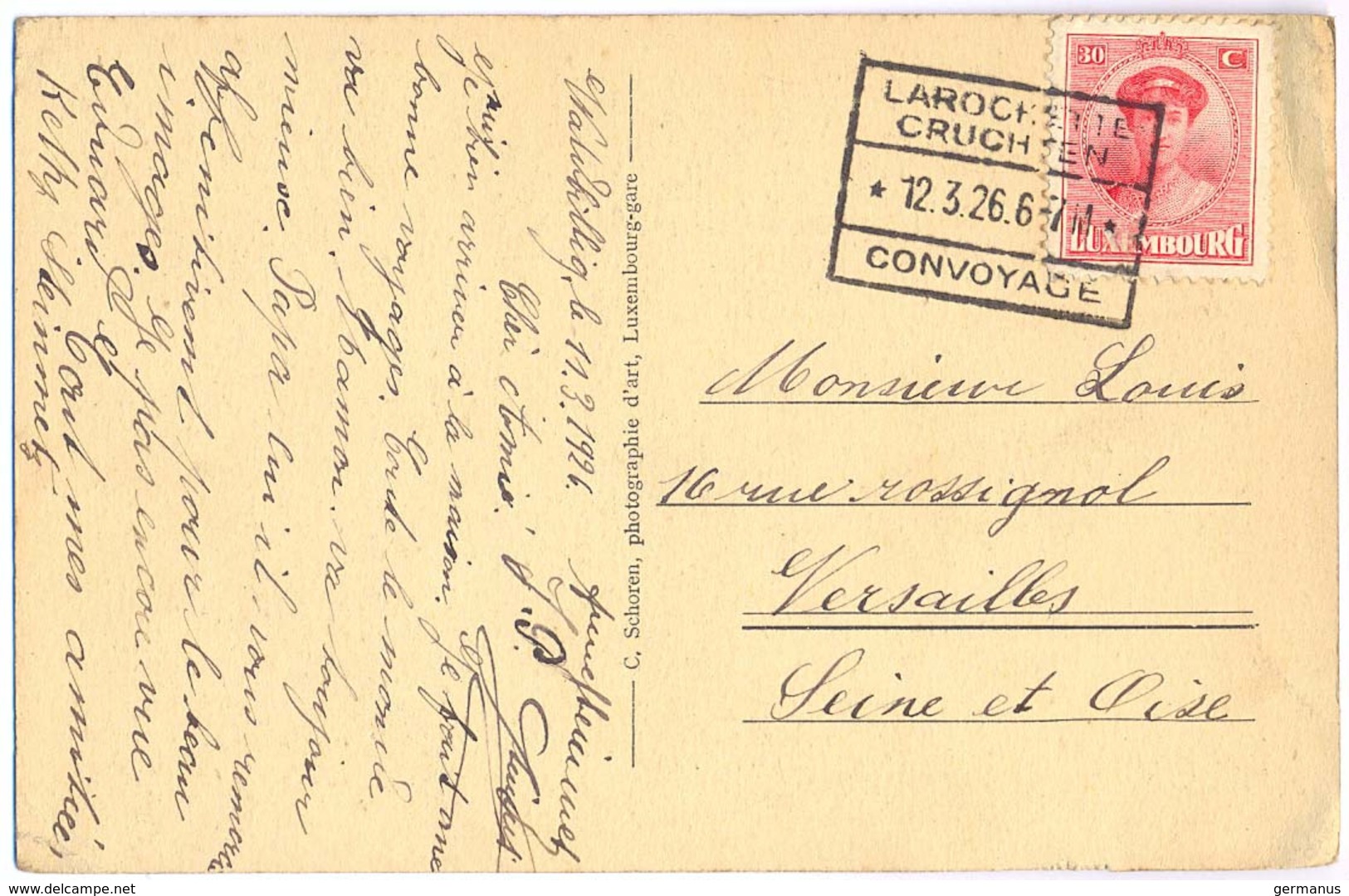 LUXEMBOURG LAROCHETTE CRUCHTEN CONVOYAGE TàD Du 12.3.26 - Storia Postale