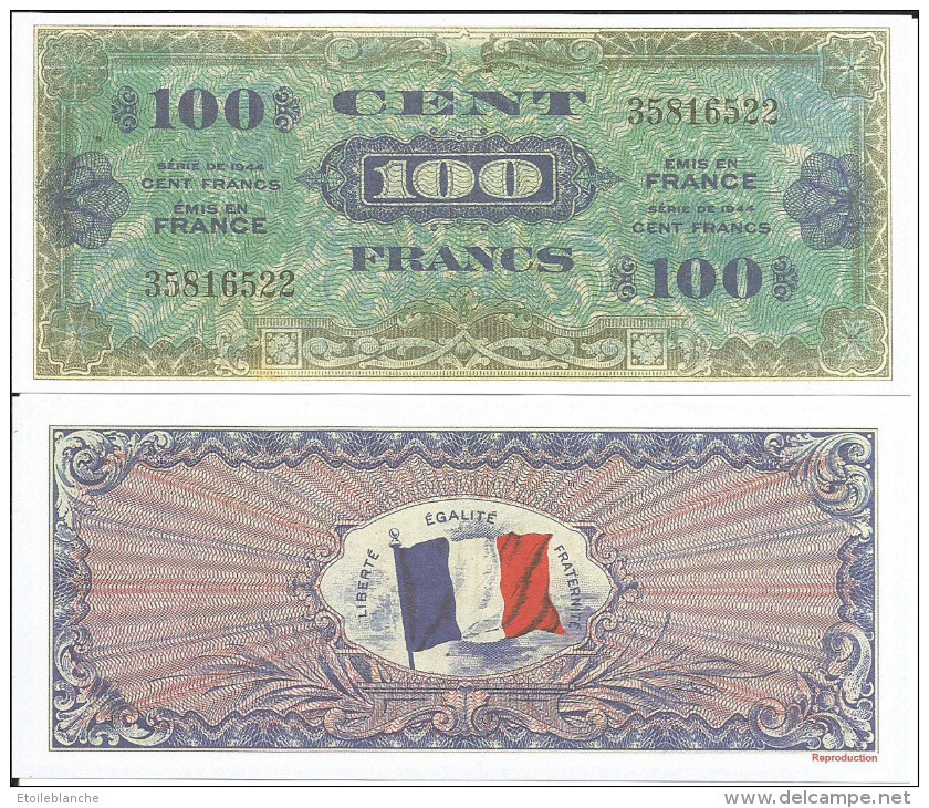 Billets Dit 'd'invasion' 1000 Et 100 Francs 1944 (reproduction) Replica World War II - Same Size American Dollar - Specimen