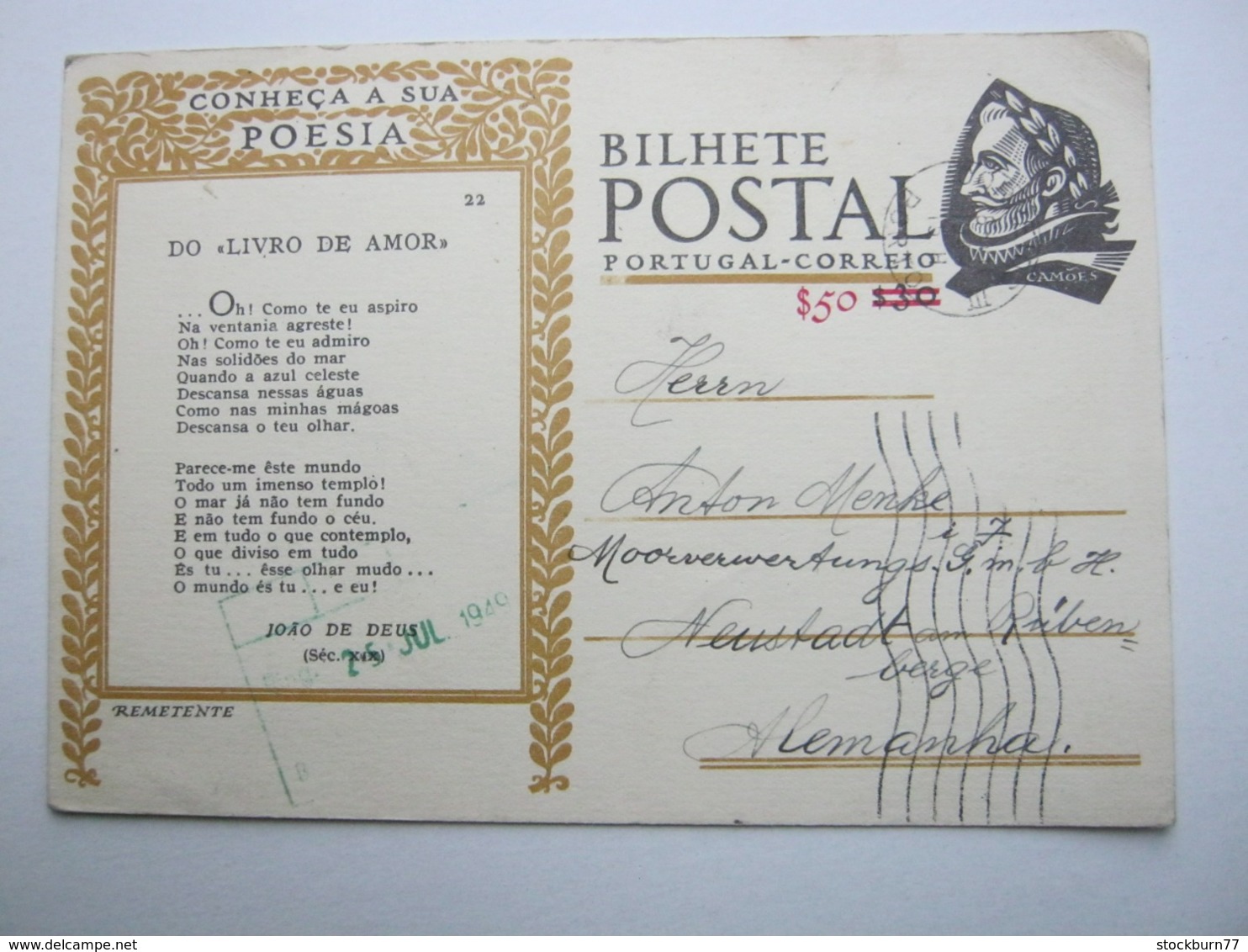 1949 , Tarjeta Postal  A  Alemania - Enteros Postales