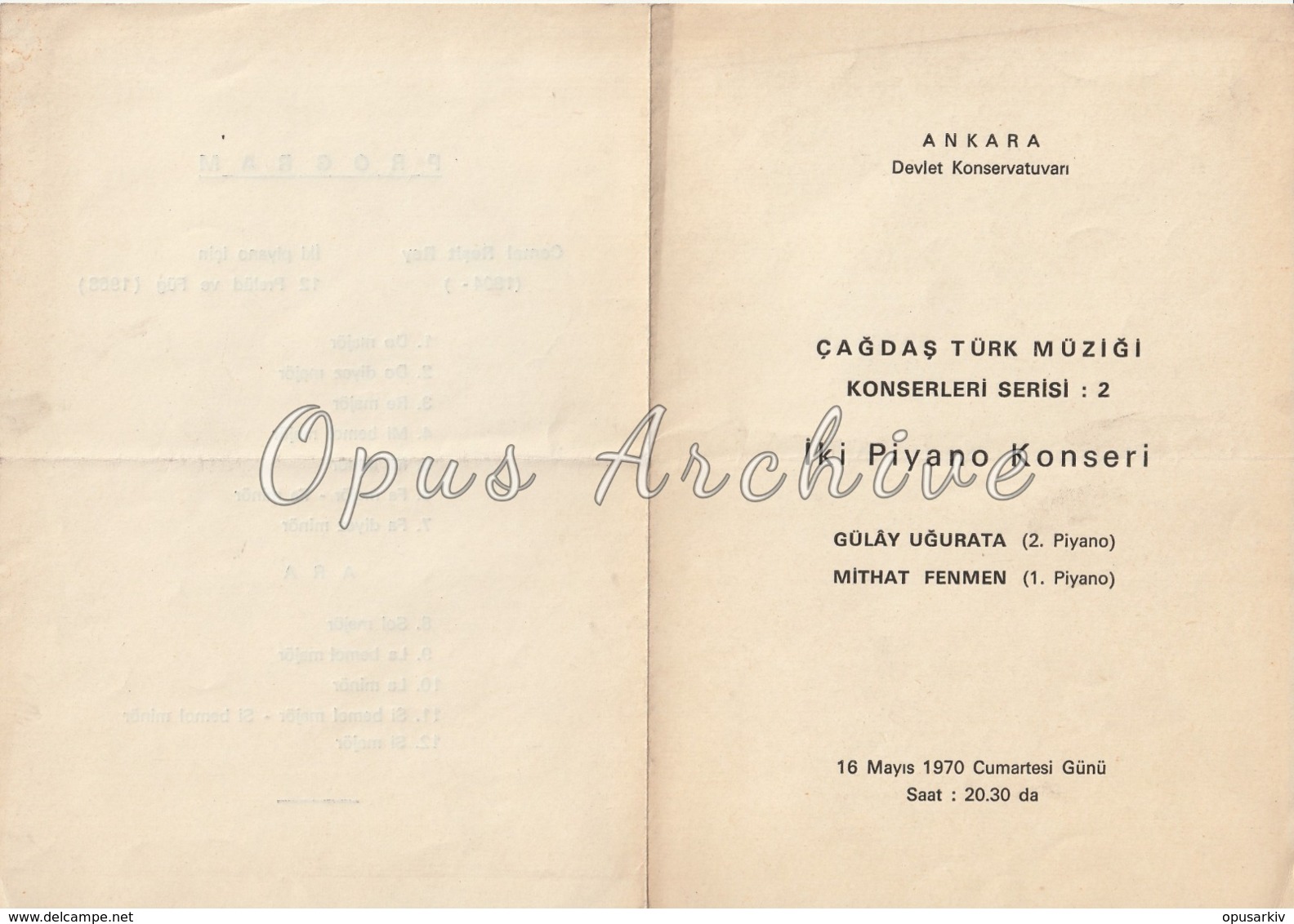 Turkey - 1970 - Concert Program: Ankara State Conservatory - Two Piano Concert - Gulay Ugurata / Mithat Fenmen - Programmes