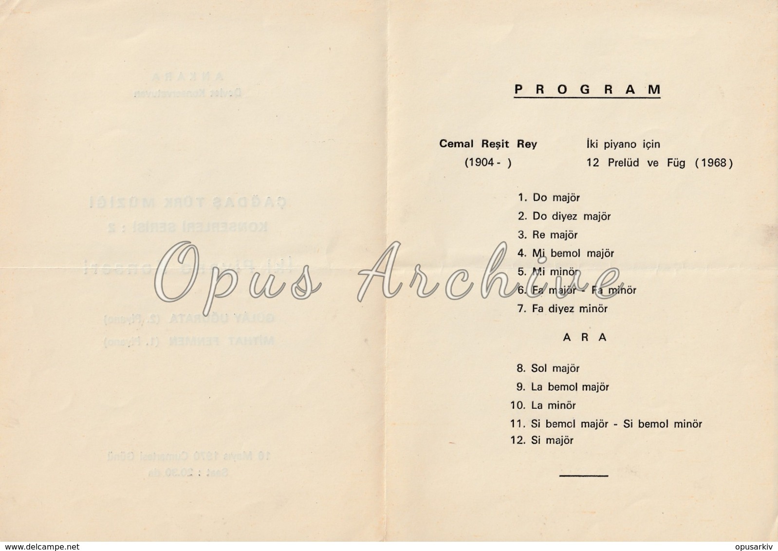 Turkey - 1970 - Concert Program: Ankara State Conservatory - Two Piano Concert - Gulay Ugurata / Mithat Fenmen - Programmes