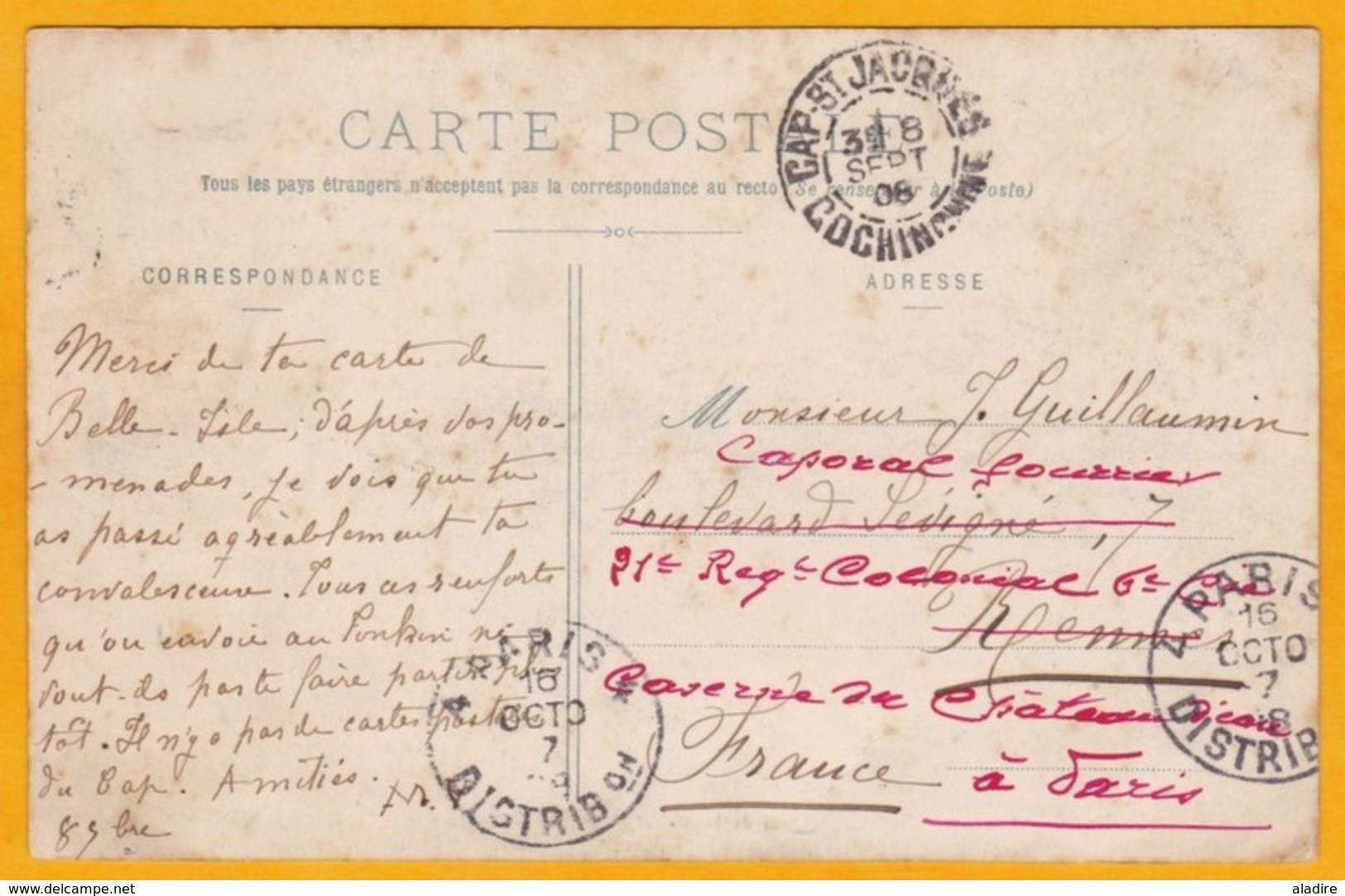 1908 - 10 C Rouge Grasset YT 28 Sur CP De Cap Saint Jacques, Cochinchine, Indochine Vers Rennes Puis Paris, France - Covers & Documents