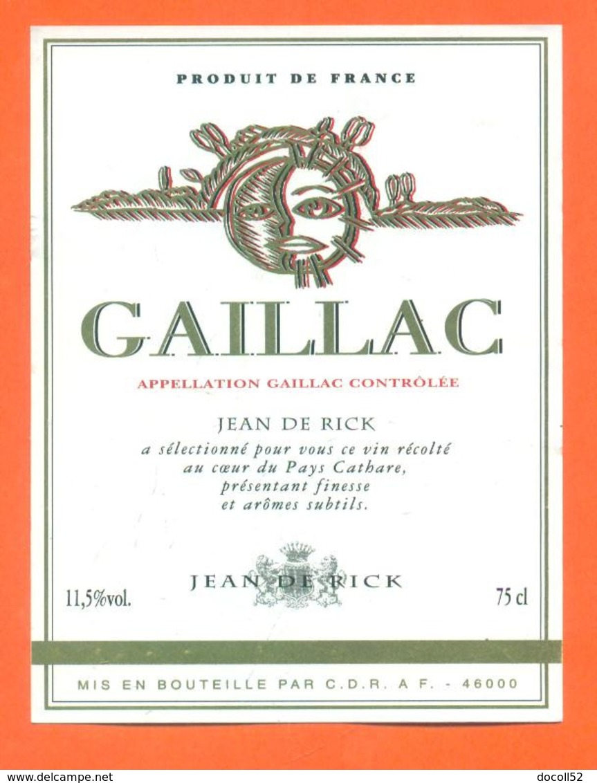 étiquette De Vin De Gaillac Jean De Rick à 46000 - 75 Cl - Gaillac