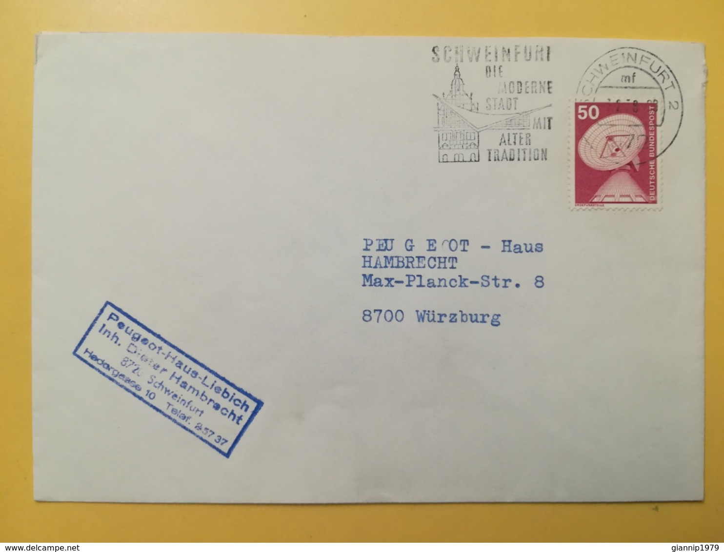 1978 BUSTA GERMANIA DEUTSCHE BOLLO INDUSTRIA TECNOLOGIA INDUSTRY ANNULLO OBLITERE' SCHWEINFURT ETICHETTA GERMANY - Storia Postale