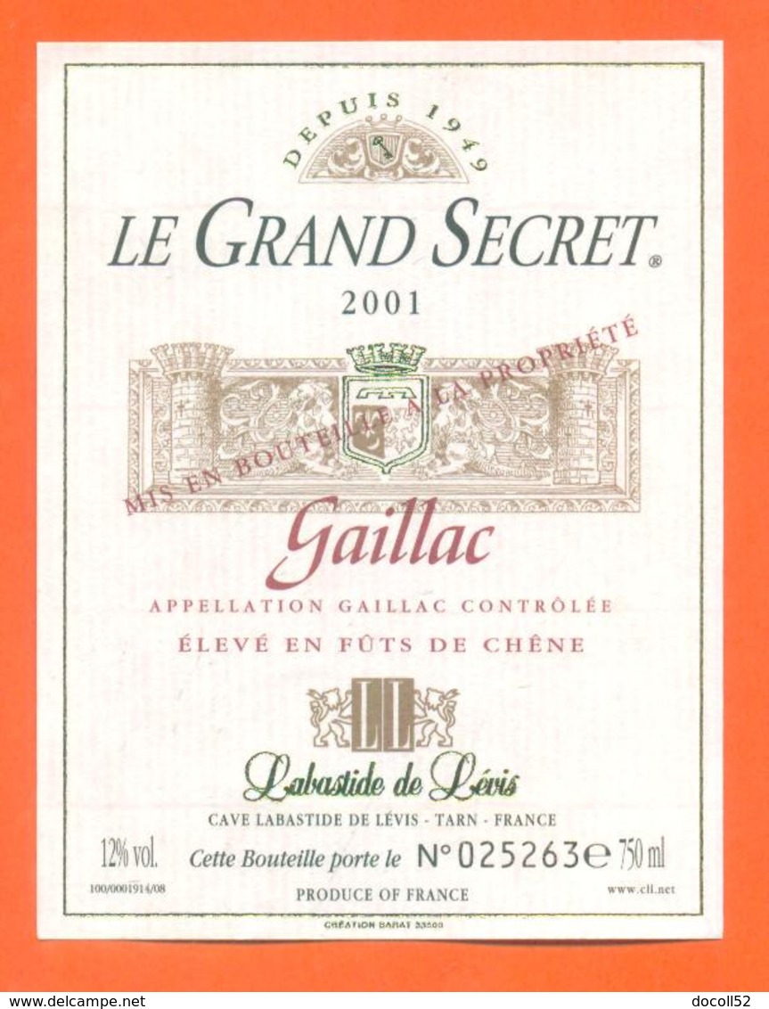 étiquette De Vin De Gaillac Le Grand Secret 2001 à Labastide De Levis - 75 Cl - Gaillac