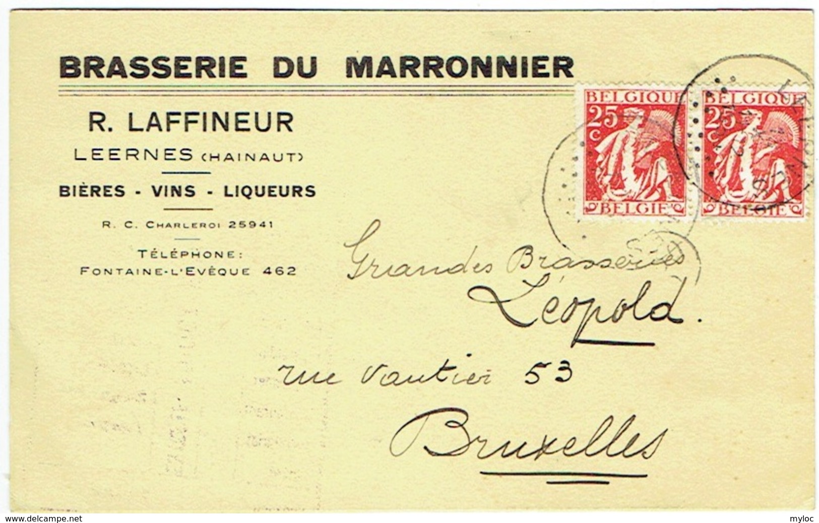 Publicité Bière. Leernes. Brasserie Du Marronnier. R.Laffineur.  Bières-Vins-Liqueurs. - Publicité