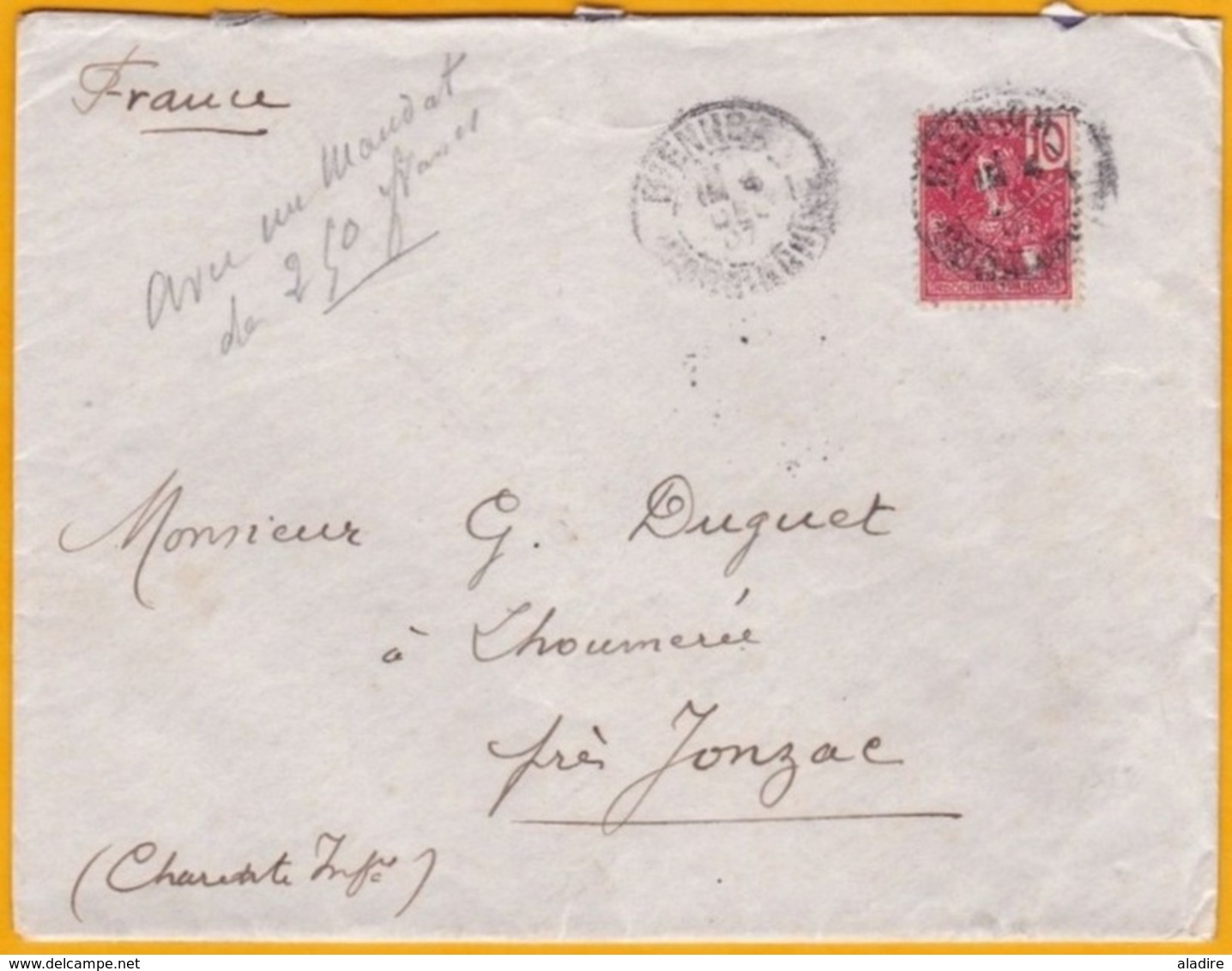 1907 - 10 C Rouge Grasset YT 28 Sur LAC Filiale De 3 Pages De BienHoa, Cochinchine, Indochine Vers Jonzac, France - Lettres & Documents