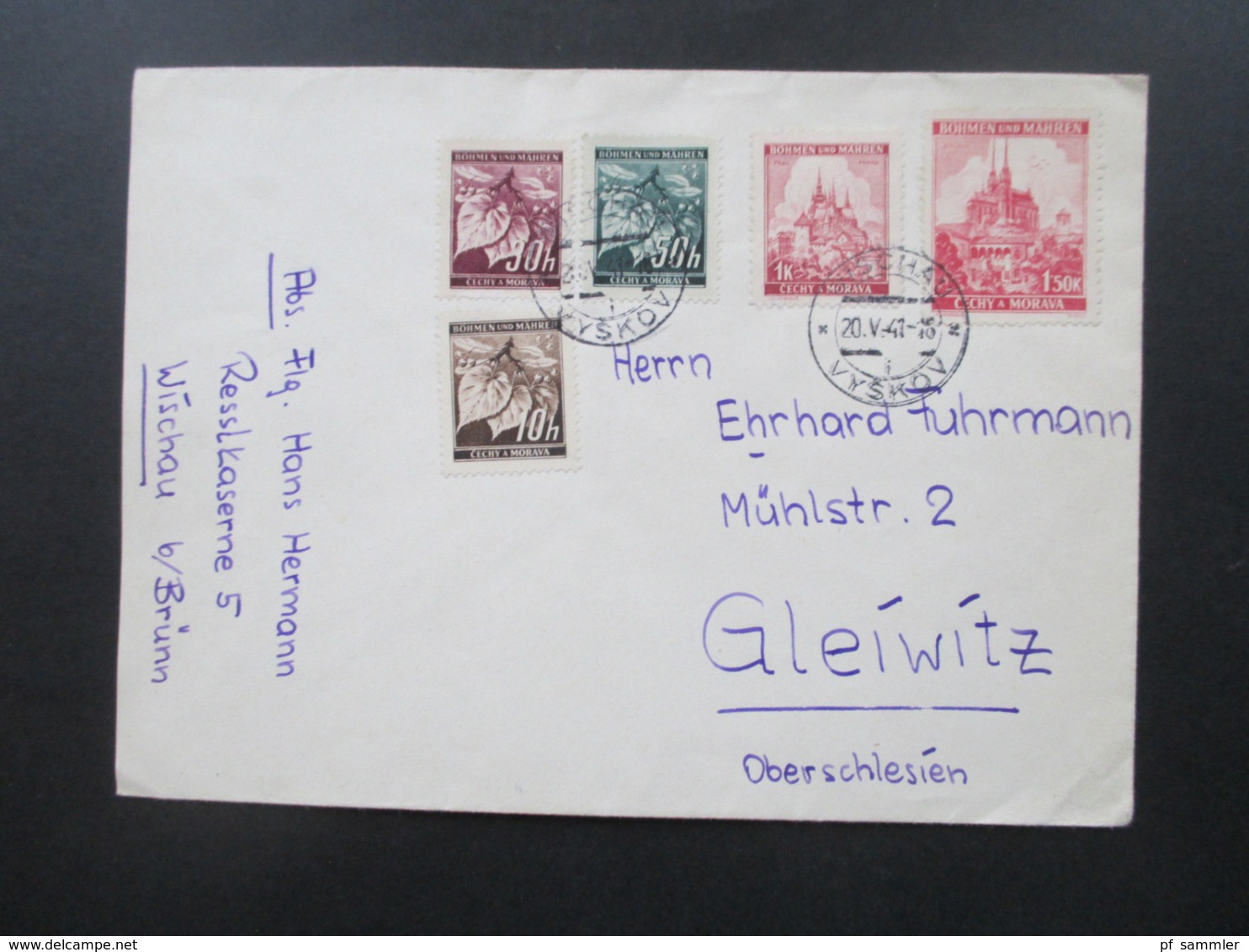 Böhmen Und Mähren MiF 5 Verschiedene Freimarken Abs. Flieger Hermann Resslkaserne Wischau Nach Gleiwitz Oberschlesien - Storia Postale