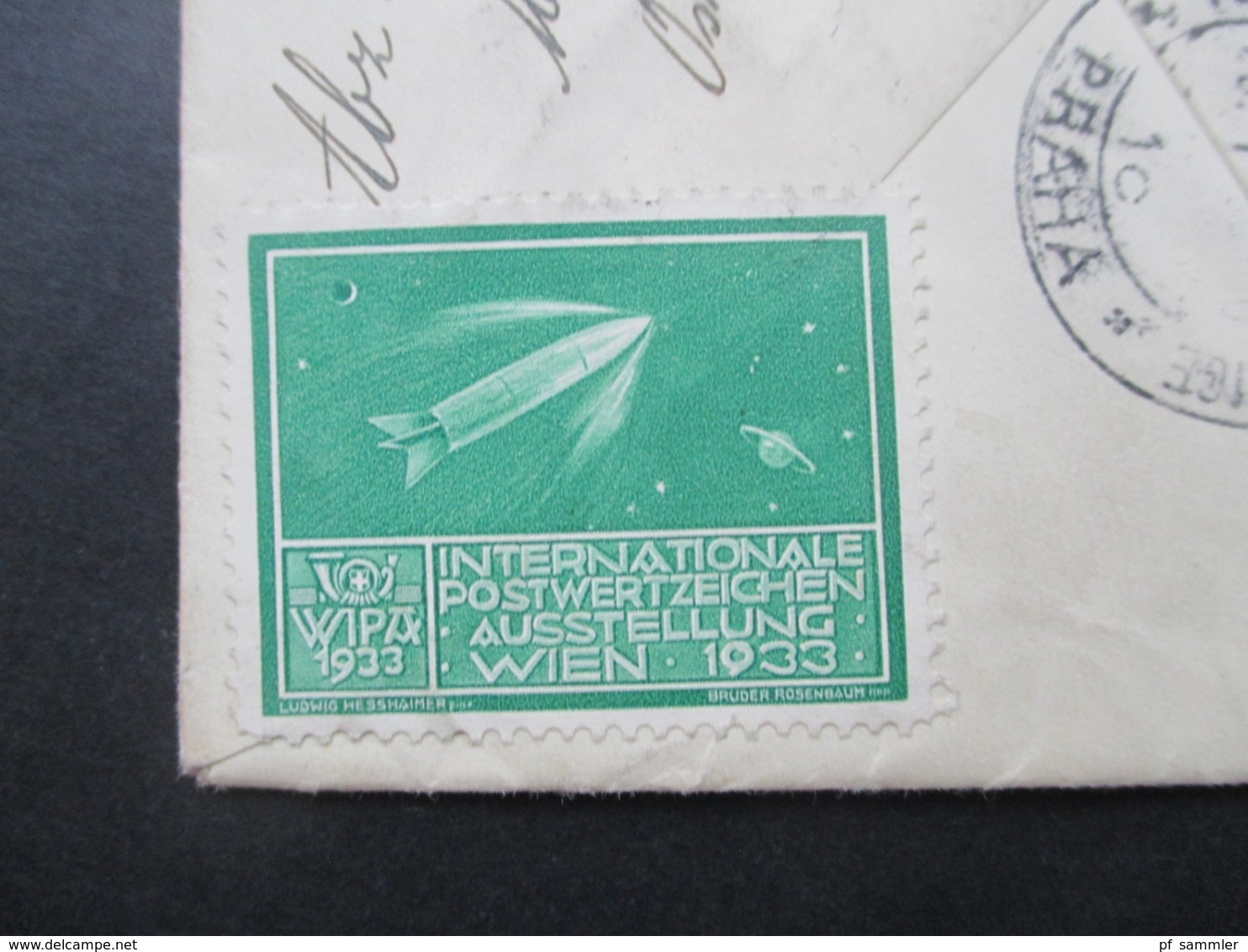 Niederlandisch Indie 1933 Luftpost von Medan über Rom nach Prag rückseitig 3 Vignetten / Reklamemarken Wipa 1933