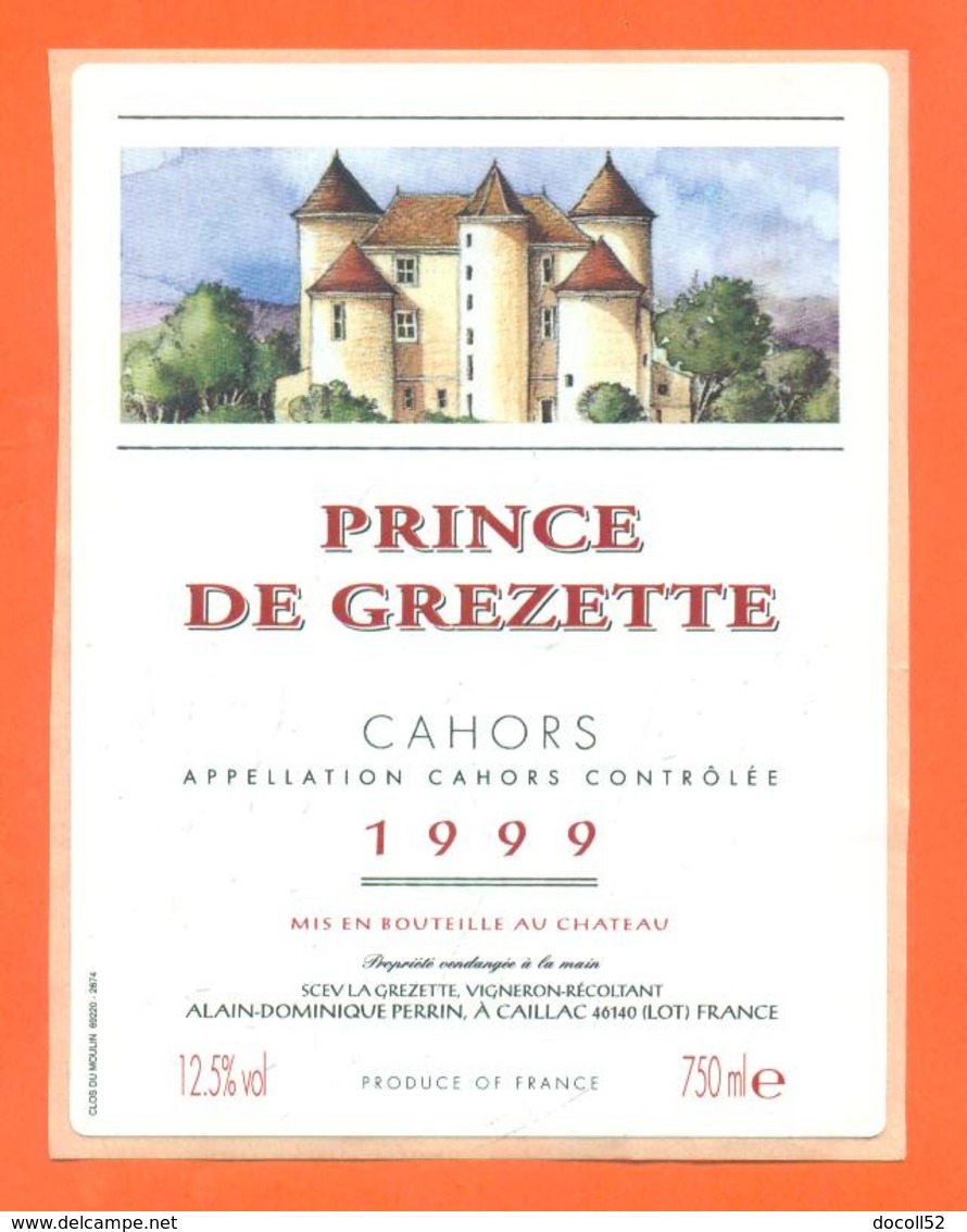 étiquette Autocollante De Vin De Cahors Prince De Grezette 1999 Perrin à Gaillac -75 Cl - Cahors