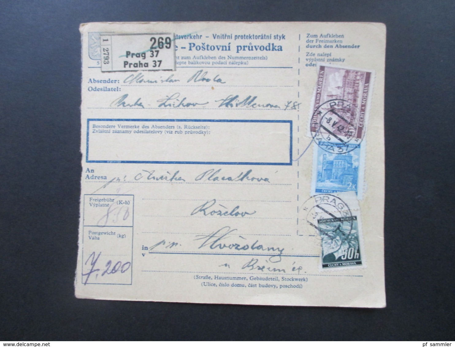 Böhmen Und Mähren 1942 Paketkarte MiF Freimarken Prag 37 Gewicht 7,2 Kilogramm - Lettres & Documents