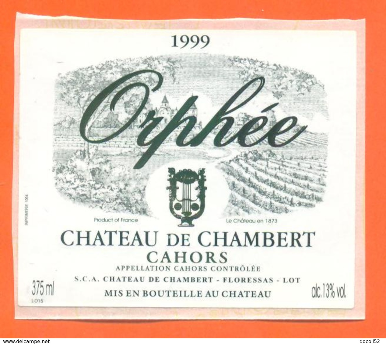 étiquette Autocollante De Vin De Cahors Orphée Chateau De Chambert 1999 à Floressas - 37,5 Cl - Cahors