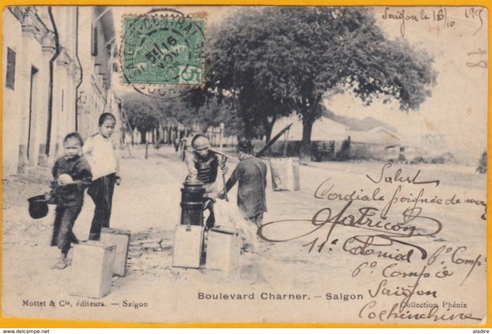 1905 - 5 C Vert Grasset YT 27 Sur CP De Saigon, Cochinchine Vers Haiphong, Tonkin, Indochine - Bd Charner - Lettres & Documents