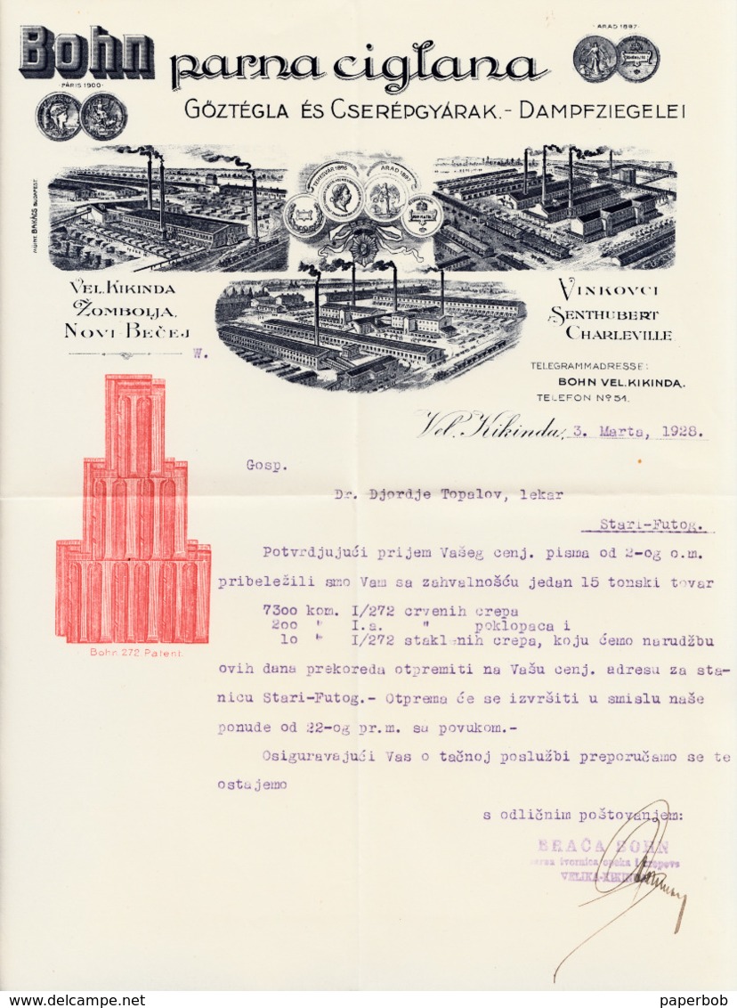 BOHN - BRICK FACTORY , KIKINDA , JIMBOLIA , SENTHUBERT , CHARLEVILLE , VINKOVCI 1928 - Advertising