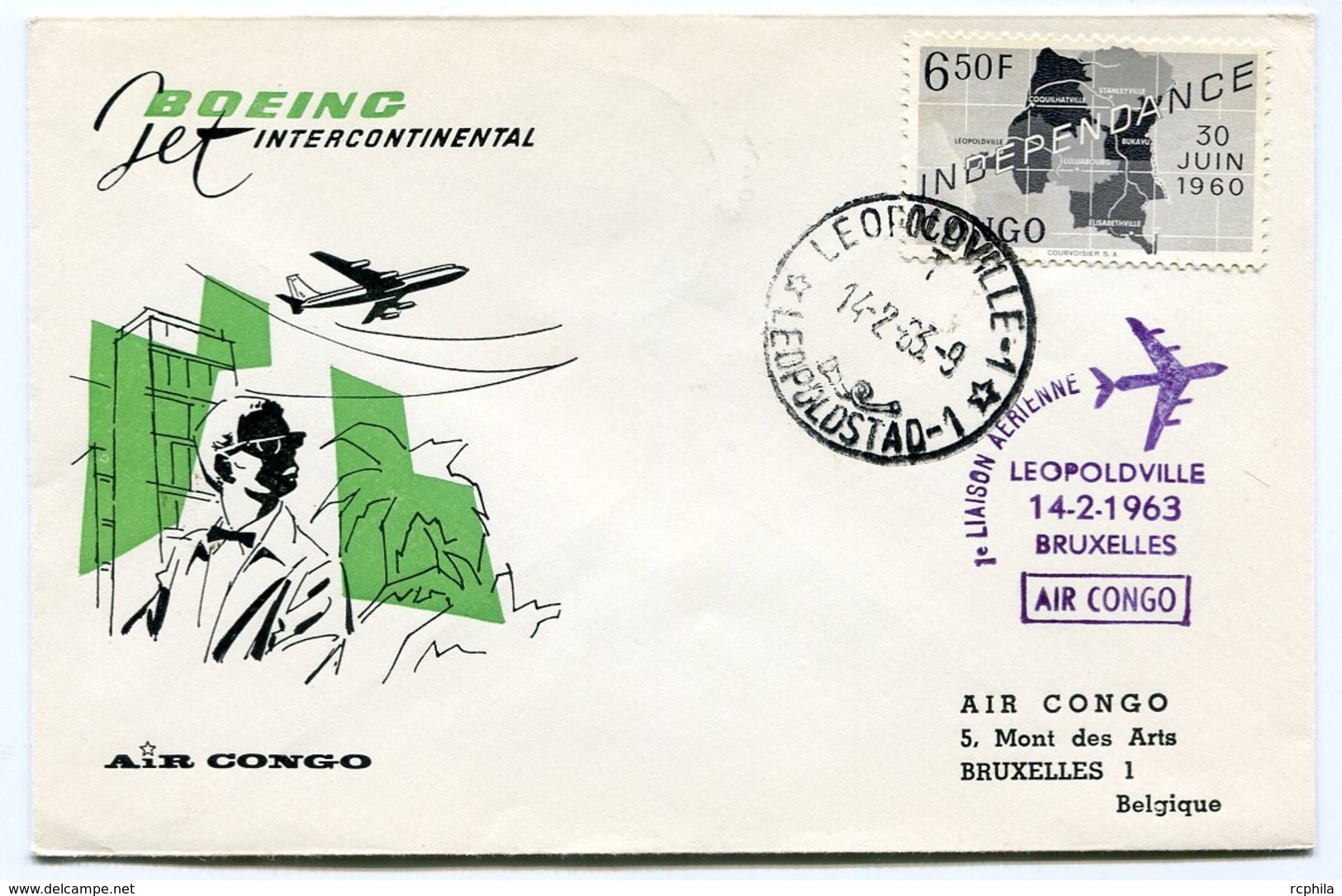 RC 14448 CONGO 1963 LEOPOLDVILLE - BRUXELLES AIR CONGO BOEING JET 1er VOL FFC TB - Otros & Sin Clasificación