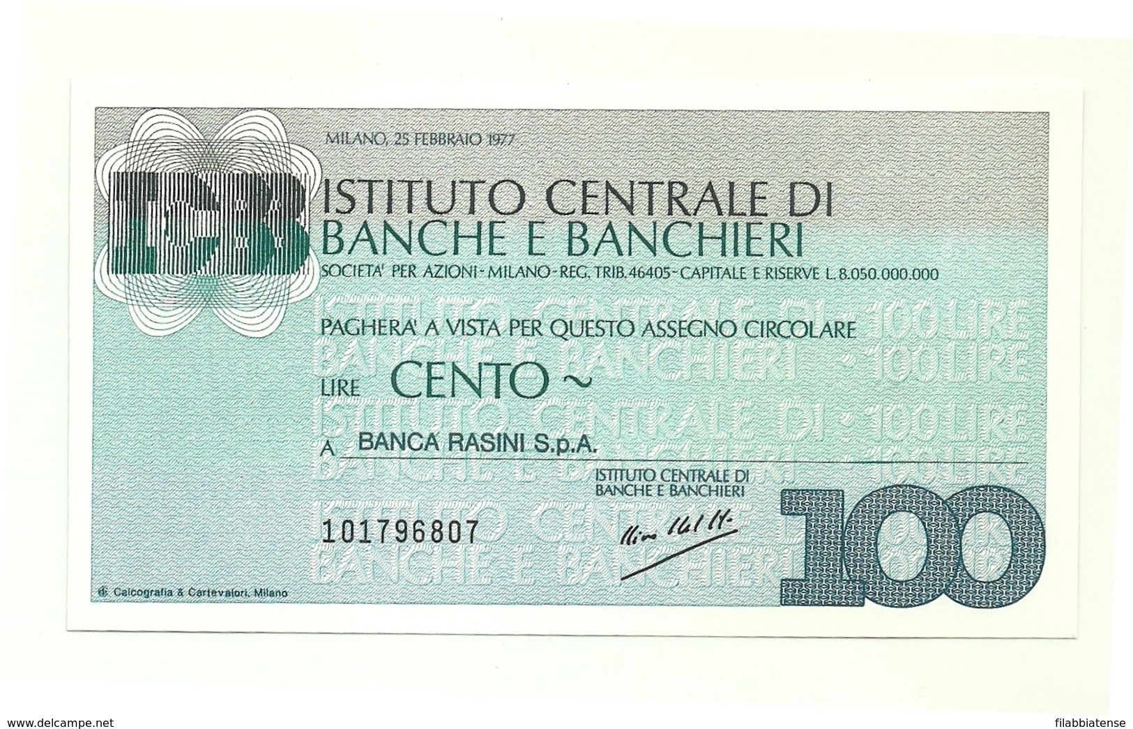 1977 - Italia - Istituto Centrale Di Banche E Banchieri - Banca Rasini S.p.A. - [10] Assegni E Miniassegni