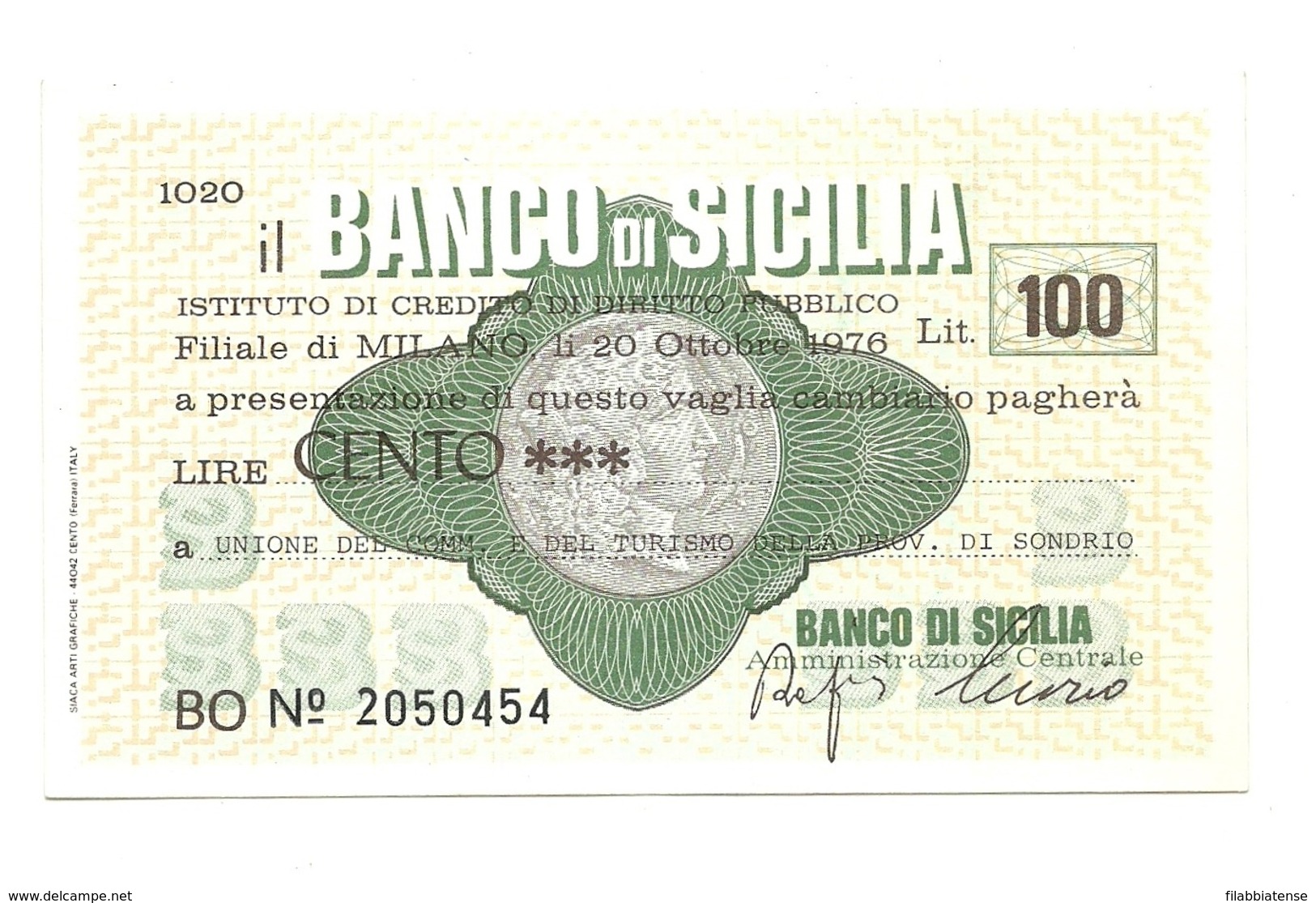 1976 - Italia - Banco Di Sicilia - Unione Del Commercio E Del Turismo Della Provincia Di Sondrio ---- - [10] Scheck Und Mini-Scheck