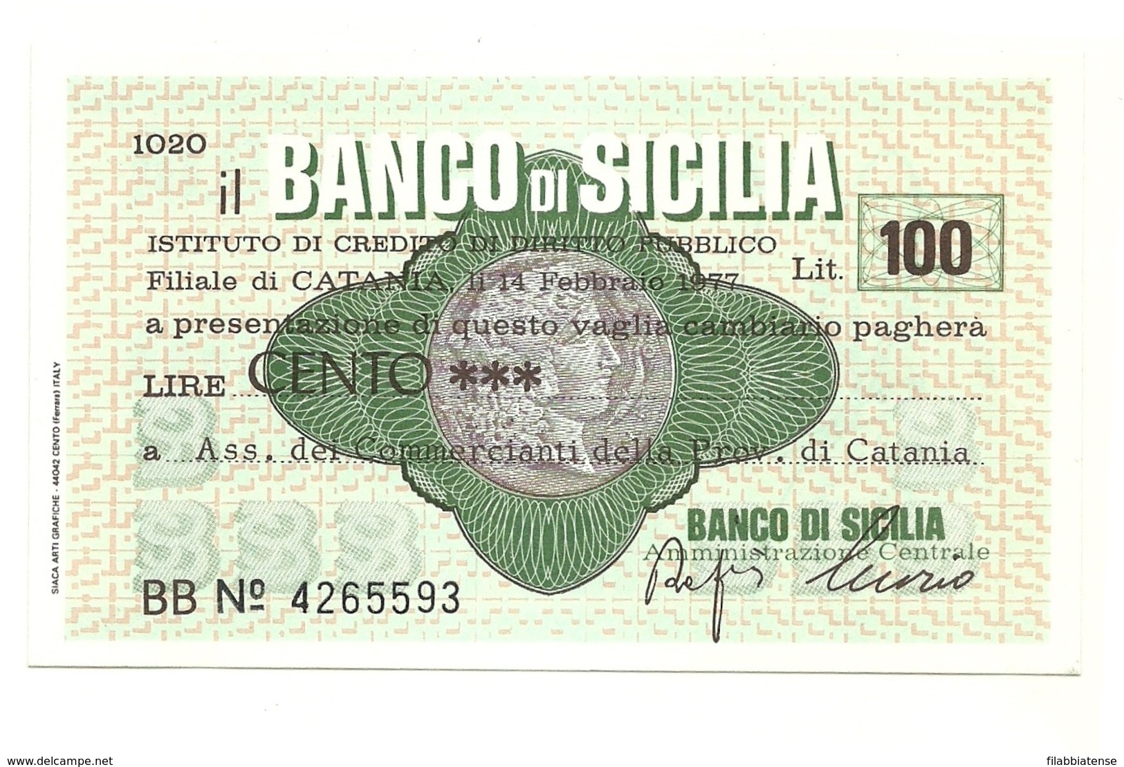 1977 - Italia - Banco Di Sicilia - Ass. Dei Commercianti Della Provincia Di Catania ---- - [10] Assegni E Miniassegni