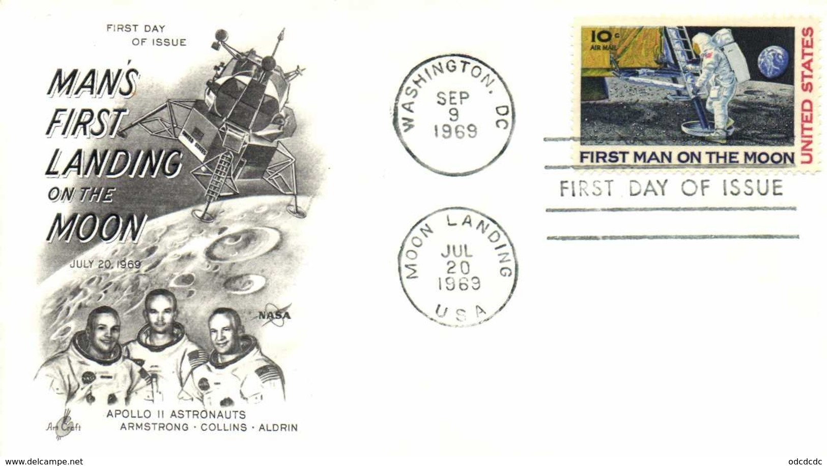 FIRST DAY  OF ISSUE  MANS  FIRST LANDING On The MOON Amstrong Collins Aldrin  MOON LANDING Jul 20 1969 U.S.A. 10Cents RV - 1961-1970