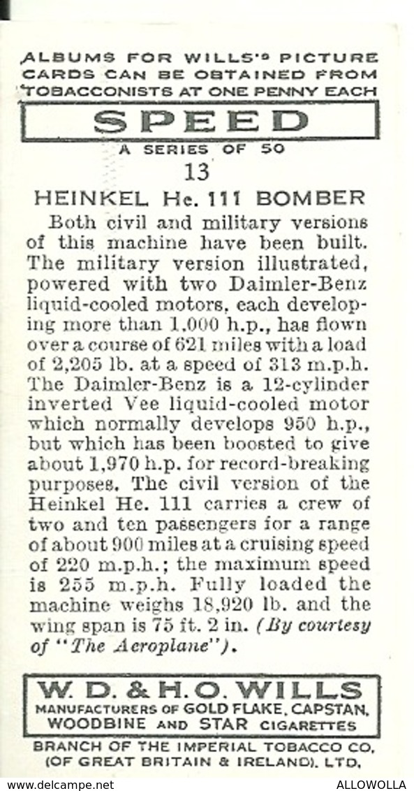 5803"HEINKEL He III  BOMBER-WILLS'S CARD N° 13-SET SPEED" - Wills