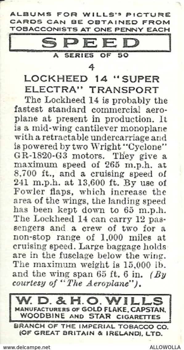 5810"LOCKHEED 14 SUPER ELECTRA TRANSPORT-WILLS'S CARD N° 4-SET SPEED" - Wills