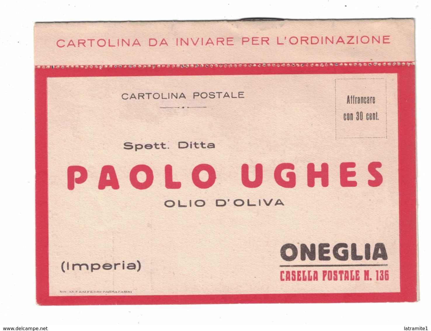 CARTOLINA POSTALE OLIO PURO D'OLIVA PAOLO UGHES  ONEGLIA Con Listino - Pubblicitari