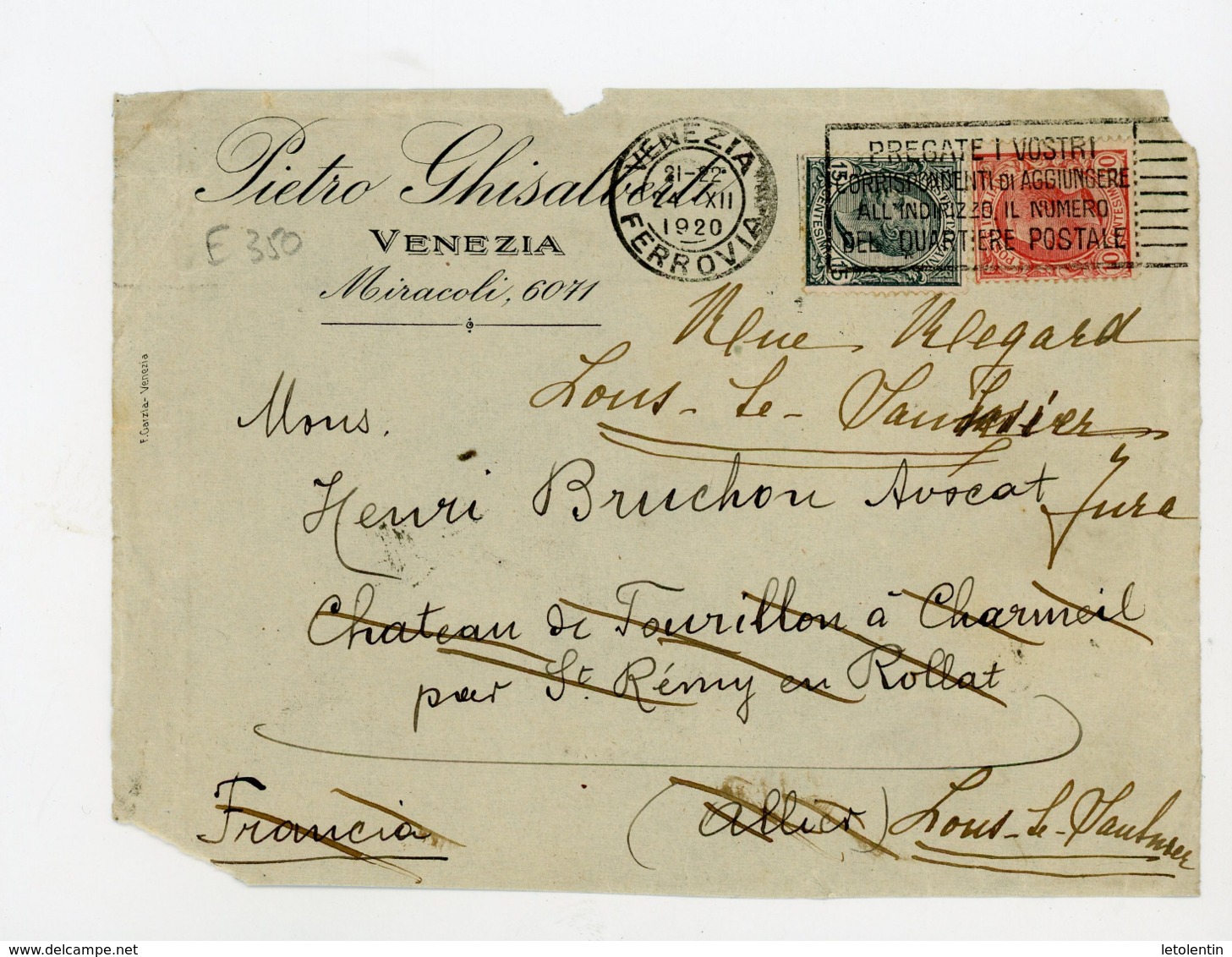 ITALIE Yt N° 104+77 Obli. FLAMME "VENEZIA 1920" SUR DEVANT DE LETTRE POUR LA FRANCE (CHARMEIL > LONS-LE-SAUNIER) - - Poststempel