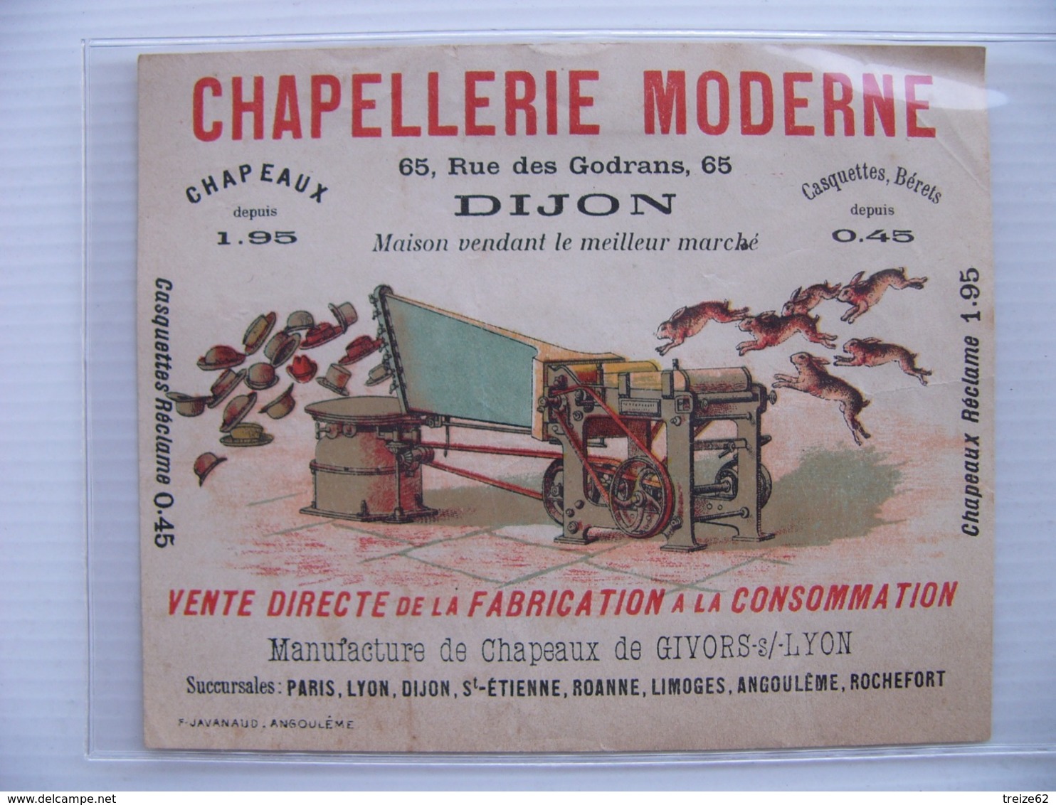 Publicité Papier Chapeau Béret Casquette Chapellerie Moderne Dijon Manufacture De Givors Sur Lyon - Caps