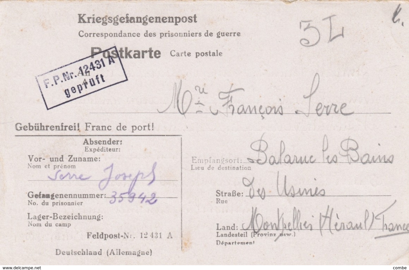 KRIEGSGEFANGENENPOST. POSTKARTE. 25 1 42. FELDPOST N° 12431 A  / 2 - Briefe U. Dokumente