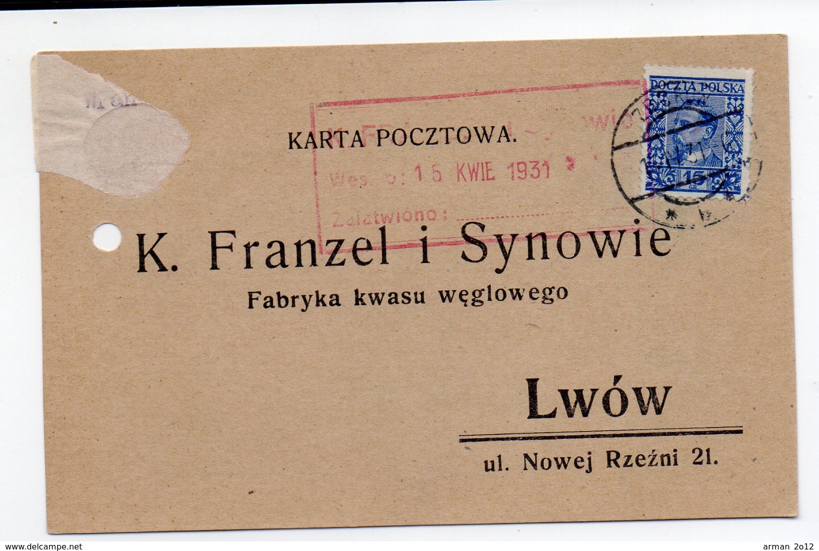 Advertisement Carbonic Acid Lwow Zborow1931 - Covers & Documents