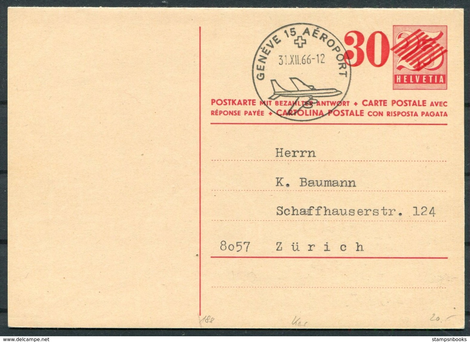 1966 Switzerland Stationery Reply Postcard Geneva Airport - Zurich - Stamped Stationery