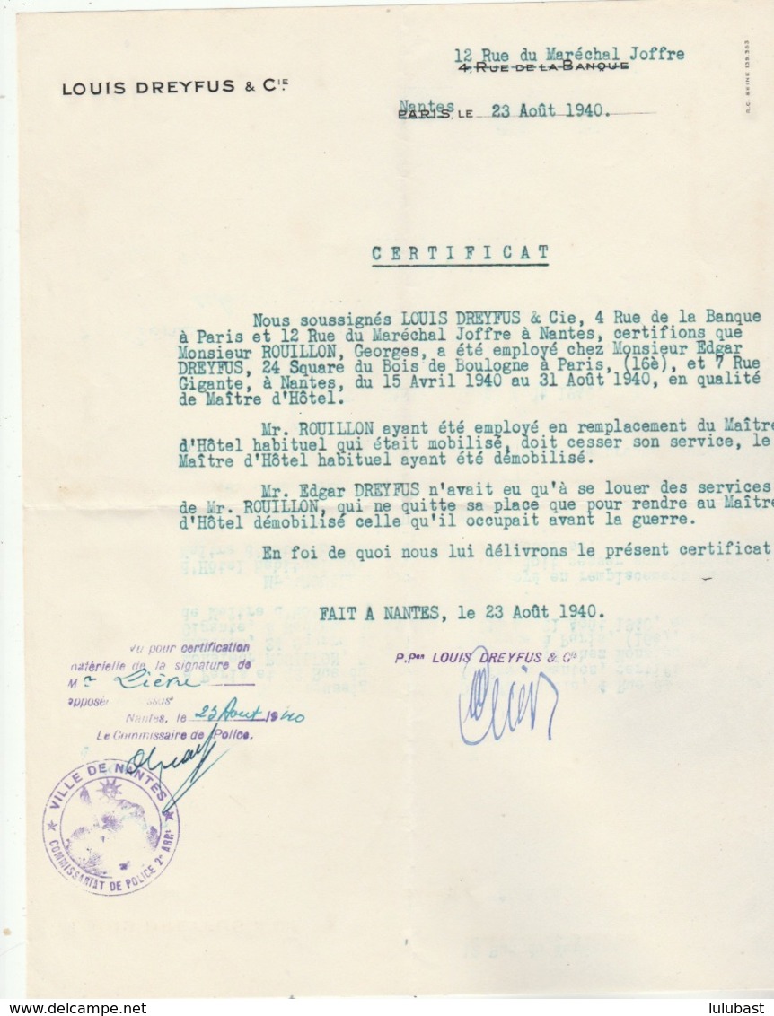 Louis DREYFUS (Nantes) : Certificat D'emploi De Maître D'Hôtel En Remplacement De L'ancien Mobilisé En Avril 40. - Autres & Non Classés