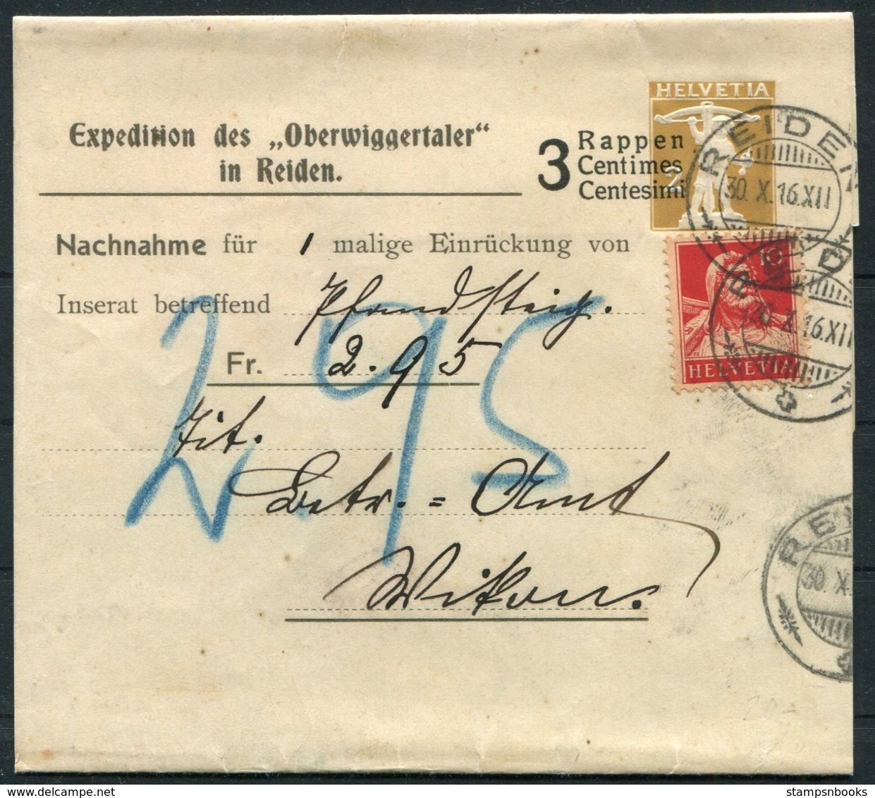 1916 Switzerland Uprated Nachnahme Stationery Wrapper. Reiden Oberwiggertaler - Wikon Luzern - Ganzsachen