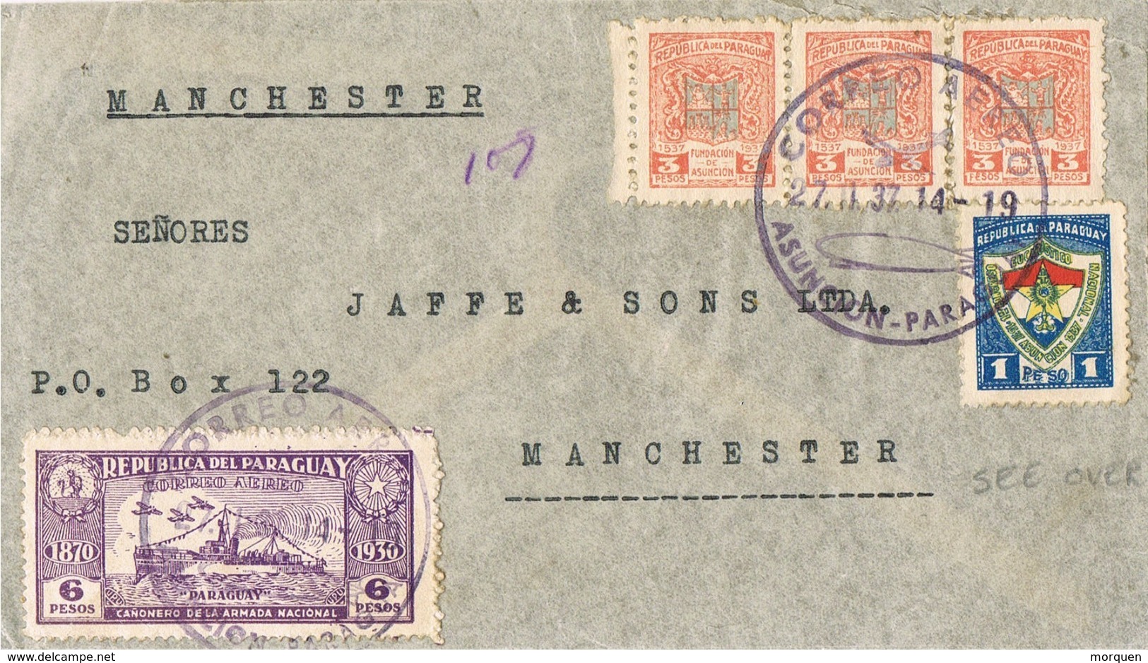 34524. Carta Aerea ASUNCION (Paraguay) 1937. Fechador ZEPPELIN. Stamp Cañonero Armada - Paraguay