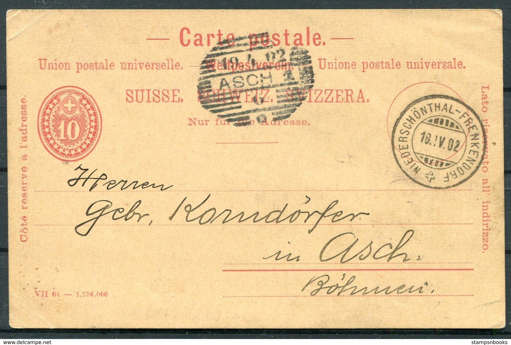 1902 Switzerland Stationery Postcard. Niederschonthal - Frenkendorf To Asch Bohemia - Stamped Stationery