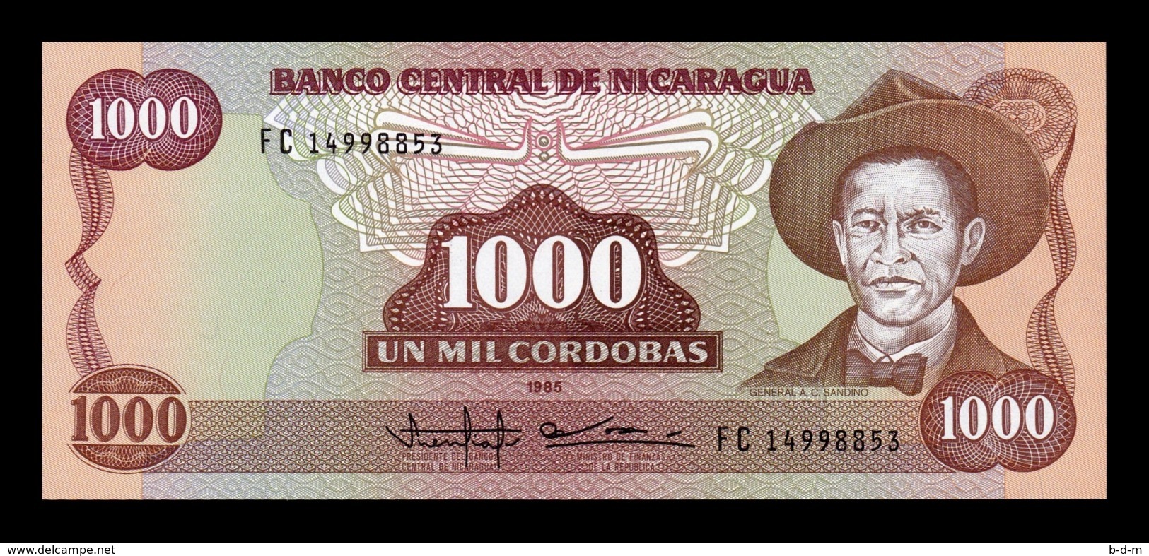 Nicaragua 1000 Córdobas Augusto Cesar Sandino 1985 (1988) Pick 156b SC UNC - Nicaragua
