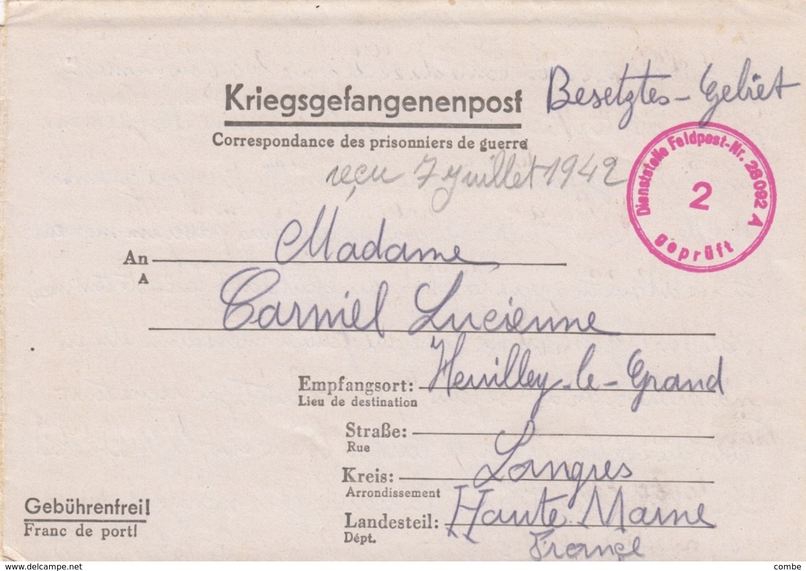 KRIEGSGEFANGENENPOST. FELDPOST N° 28092 A. 14 6 42 / 7 7 42   /  2 - Briefe U. Dokumente