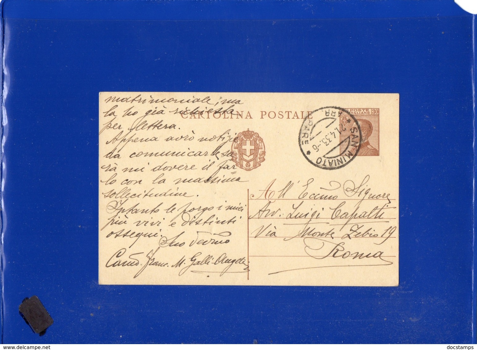 ##(DAN1911)-Italia 21-4-1933-Cartolina Postale Cent.30  Da San Miniato Per Roma - Marcophilie