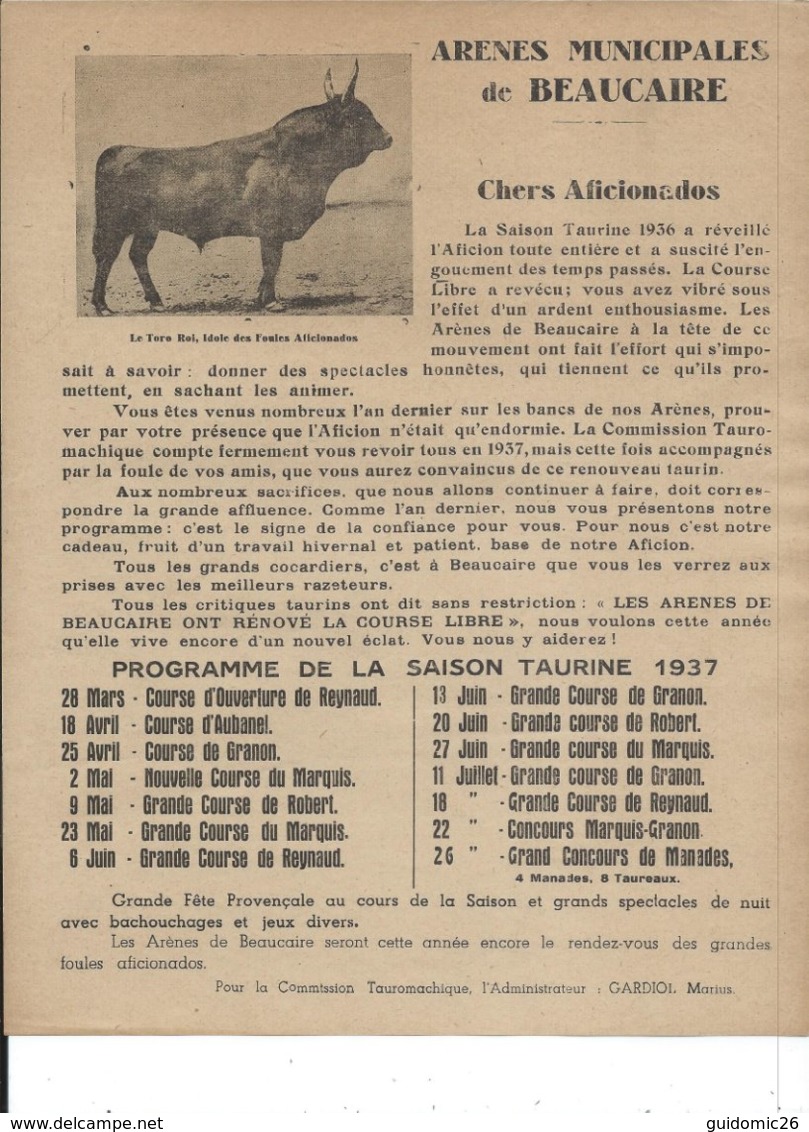 Arenes De Beaucaire Programme Saison Taurine 1937 Courses Camarguaises Manades Taureaux Reynaud Aubanel Granon Marquis.. - Programmes