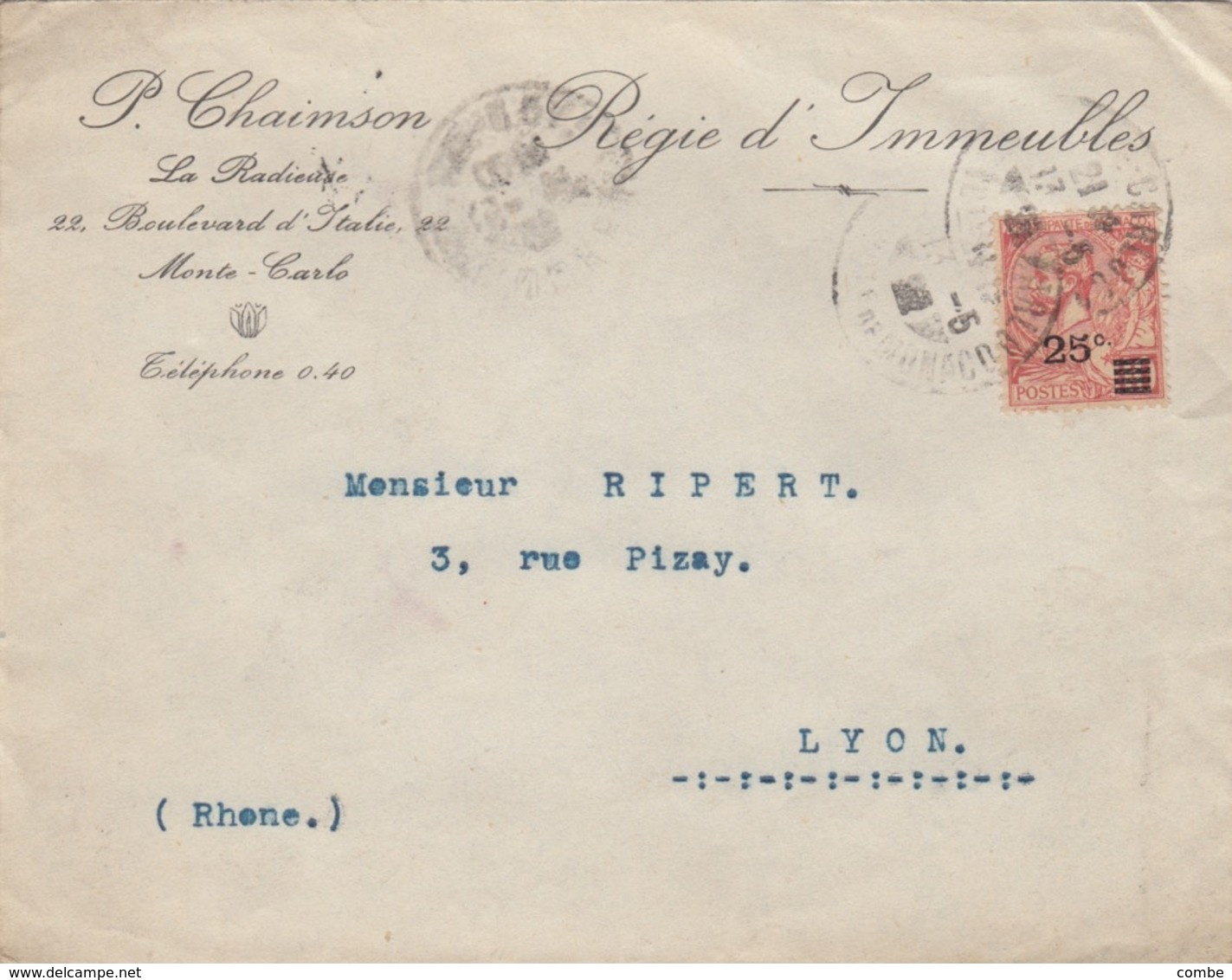 LETTRE. MONACO. 1923. P.CHAIMSON LA RADIEUSE REGIE D'IMMEUBLES.  MONTE-CARLO POUR LYON  /  3 - Cartas & Documentos