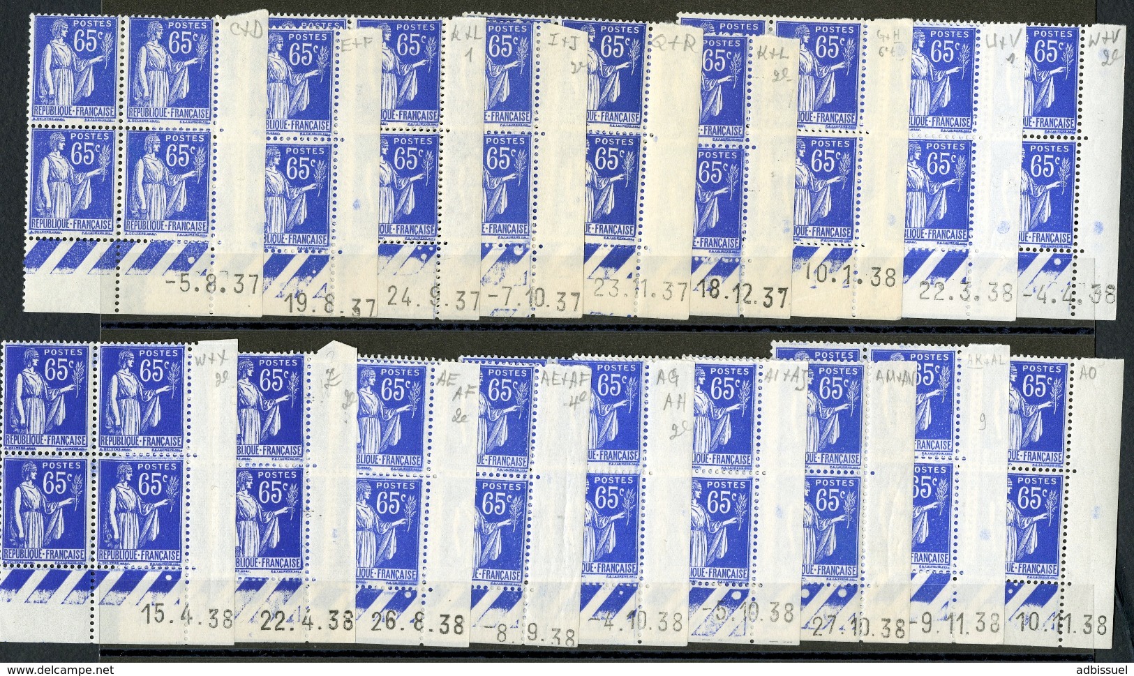 N° 365. 18 Coins Datés Différents. X13 ** (MNH) X5 * (MH). Blocs De Quatre Du 65ct Outremer Type PAIX - 1930-1939