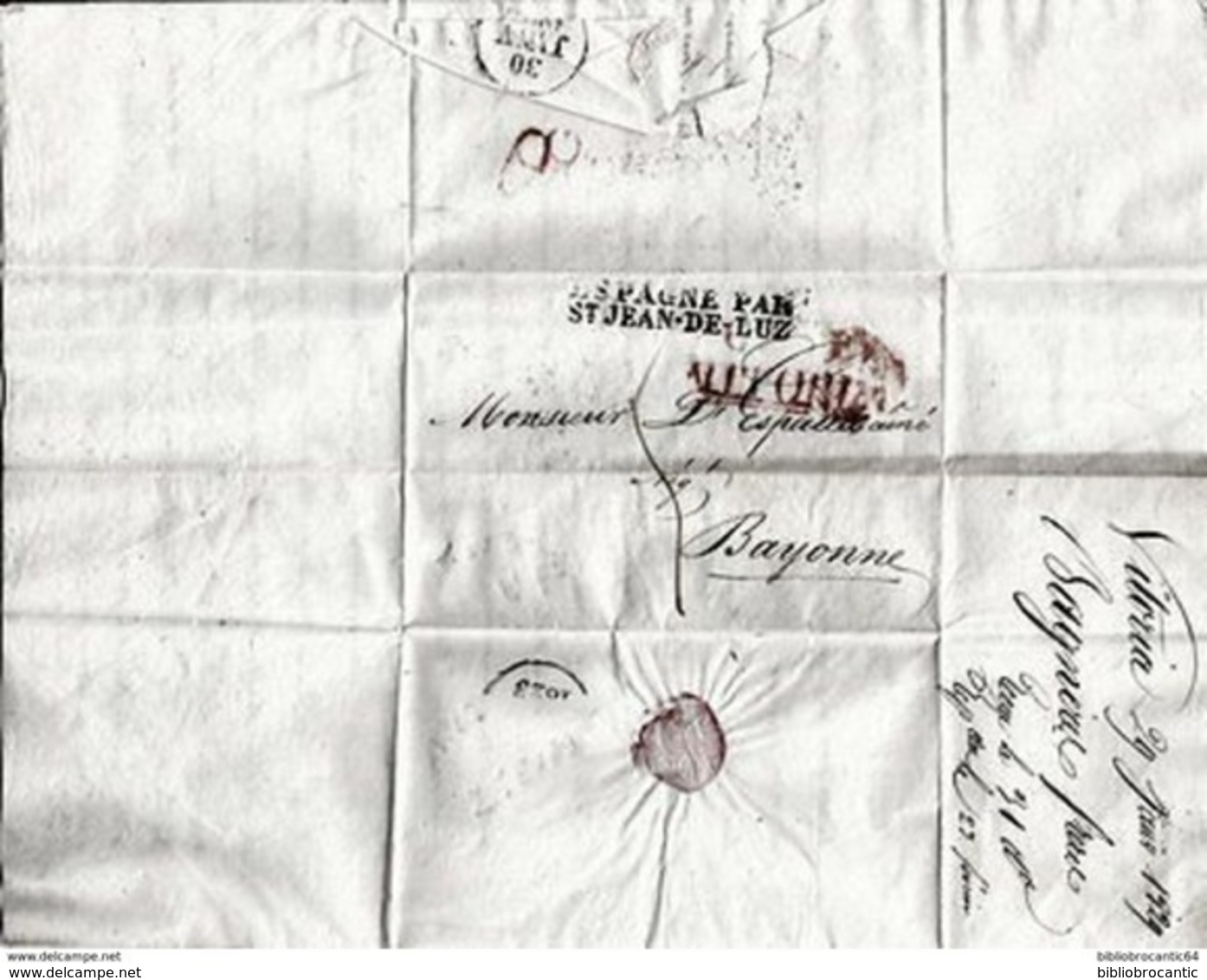 LETTRE ANCIENNE/MARQUE POSTALE PRECURSEUR 1829 - VITTORIA < ESPAGNE/STJEAN DE LUZ < BAYONNE - 1801-1848: Vorläufer XIX