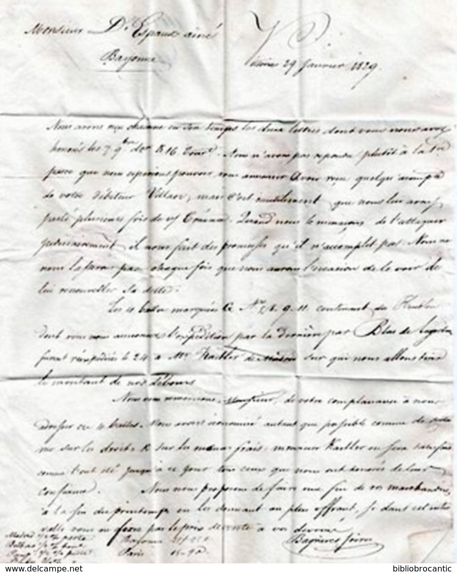 LETTRE ANCIENNE/MARQUE POSTALE PRECURSEUR 1829 - VITTORIA < ESPAGNE/STJEAN DE LUZ < BAYONNE - 1801-1848: Vorläufer XIX