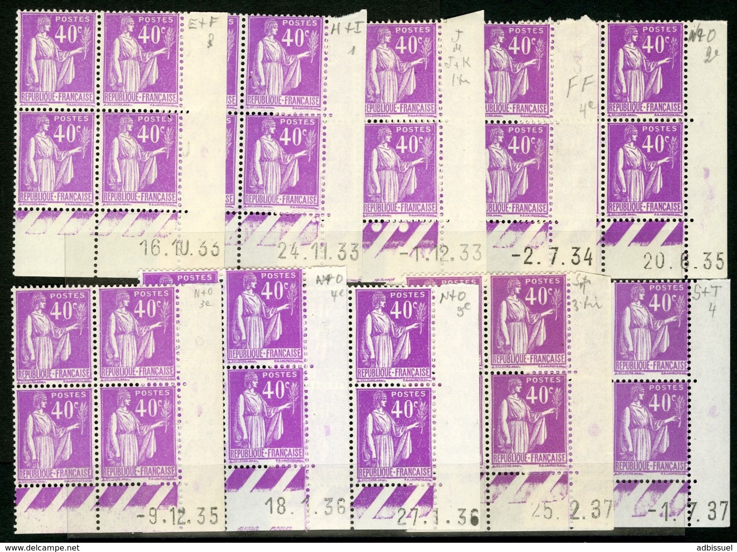 N° 281 ** (MNH). 10 Coins Datés Différents. Blocs De Quatre Du 40ct Lilas Type PAIX - 1930-1939