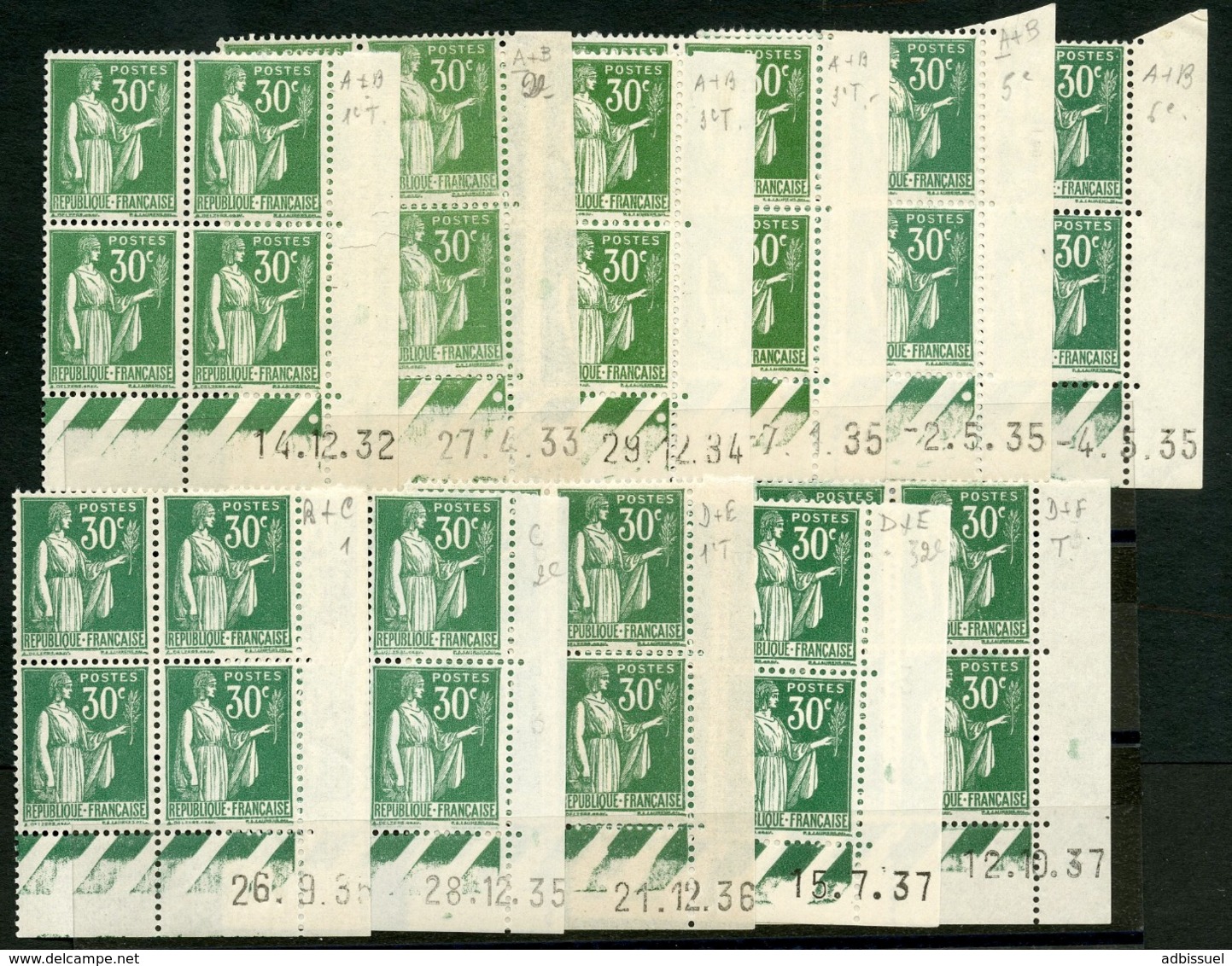 N° 280. 11 Coins Datés Différents. X4 ** (MNH) X7 * (MH). Blocs De Quatre Du 30ct Vert Type PAIX - 1930-1939