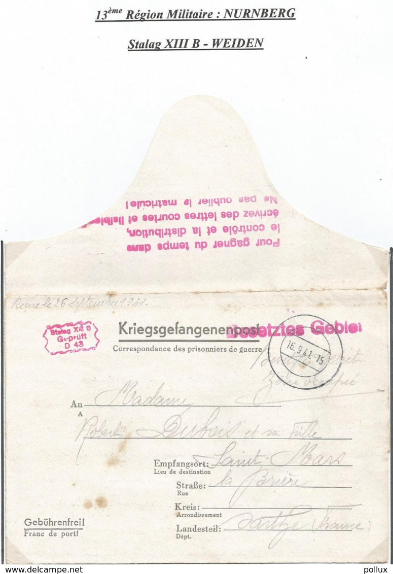 Kriegsgefangenenpost Prisonnier De Guerre 1939/45  Stalag XIII B WEIDEN + Censures Et Recommandation Vers SAINT MARS - 2. Weltkrieg 1939-1945